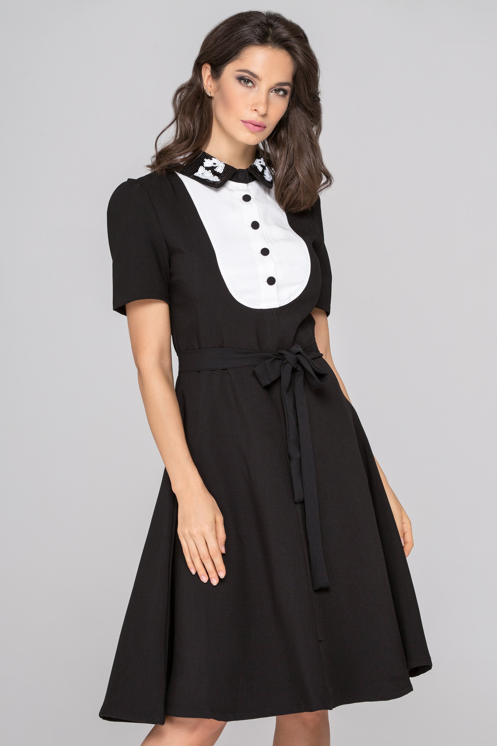 Black and White Sequined Collar Midi Dress