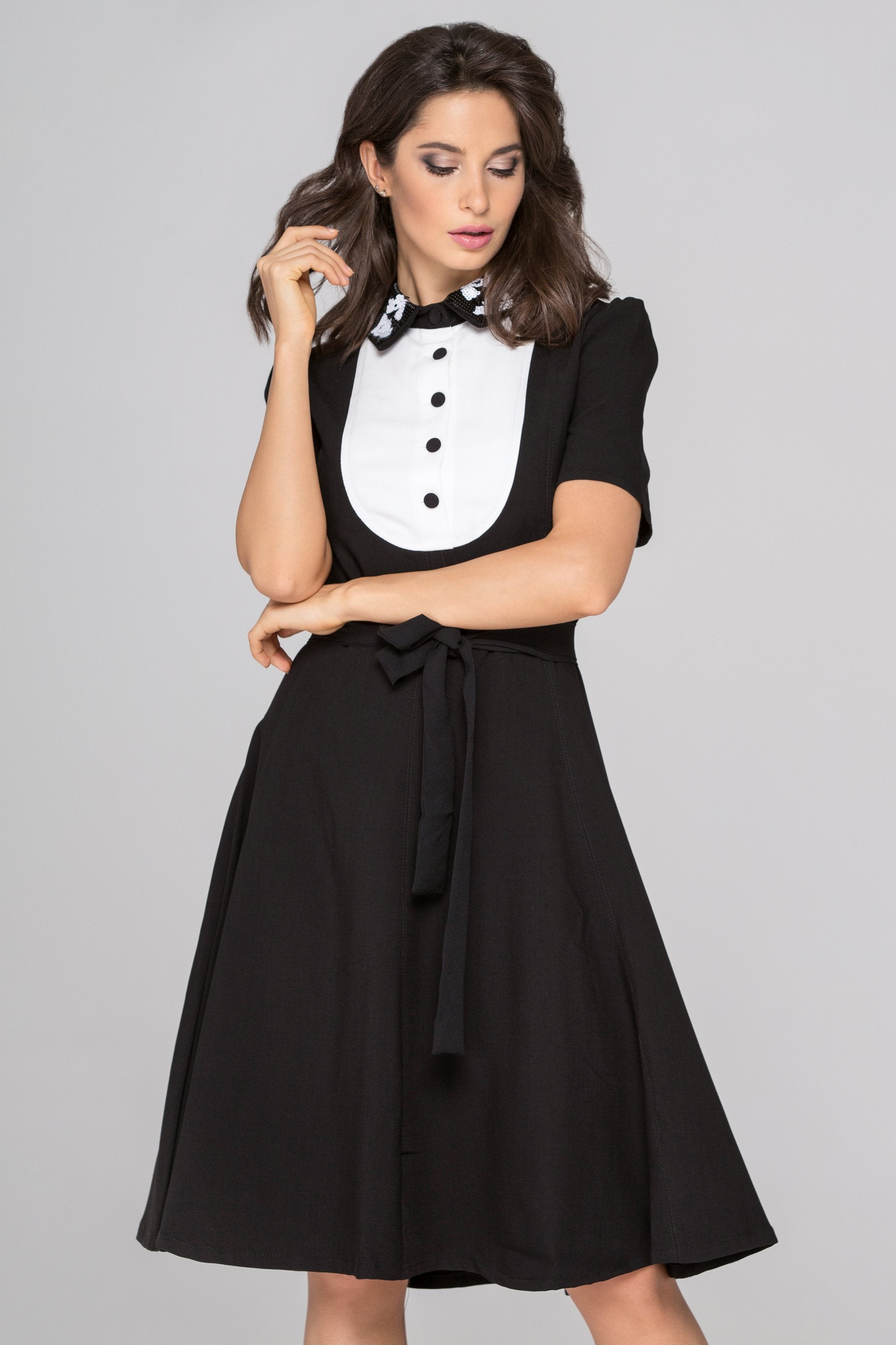 Black and White Sequined Collar Midi Dress