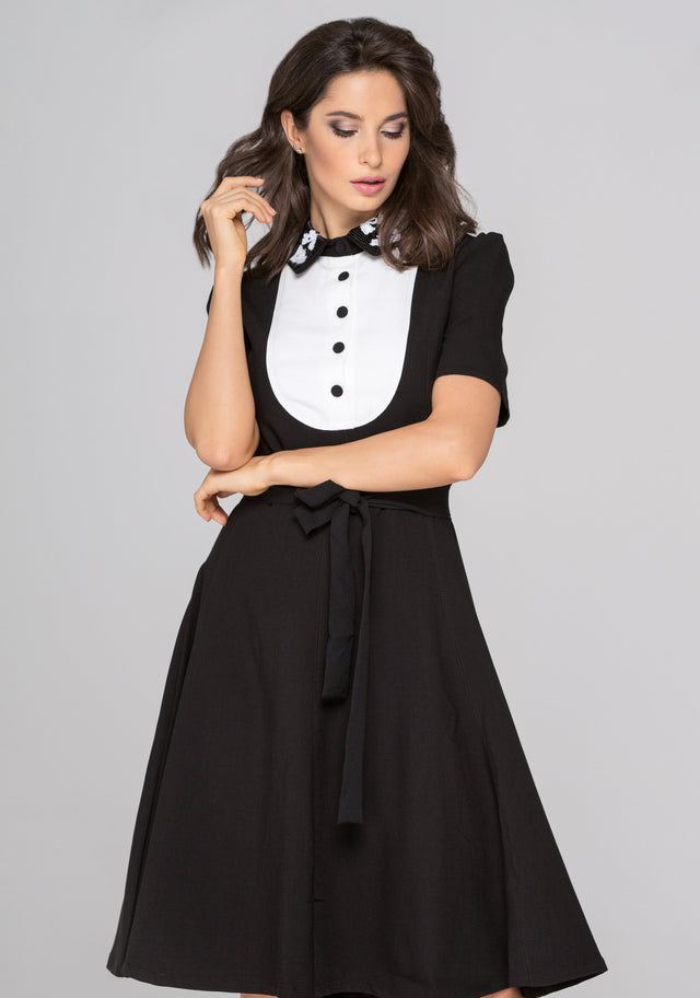 Black and White Sequined Collar Midi Dress