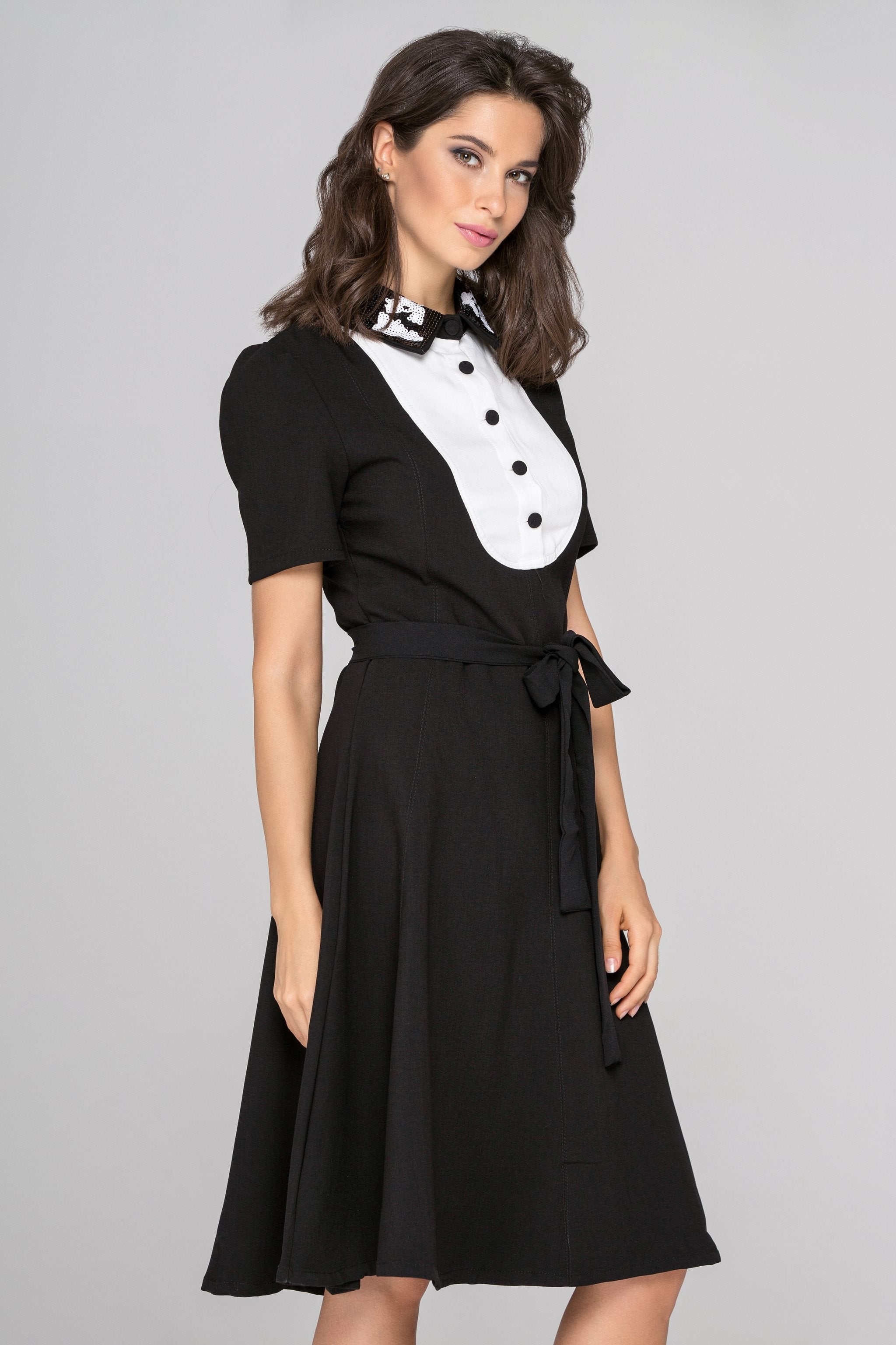 Black and White Sequined Collar Midi Dress