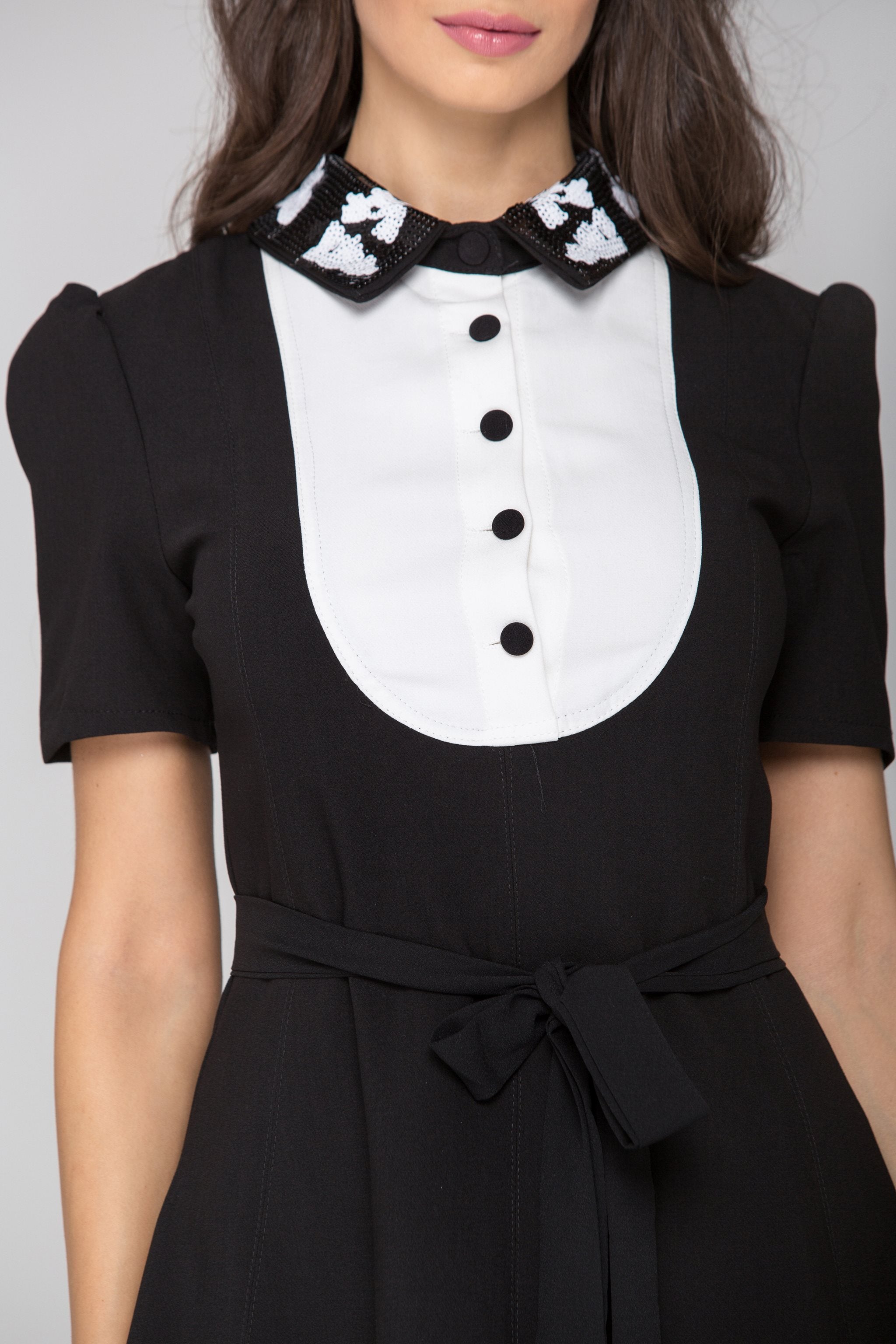 Black and White Sequined Collar Midi Dress