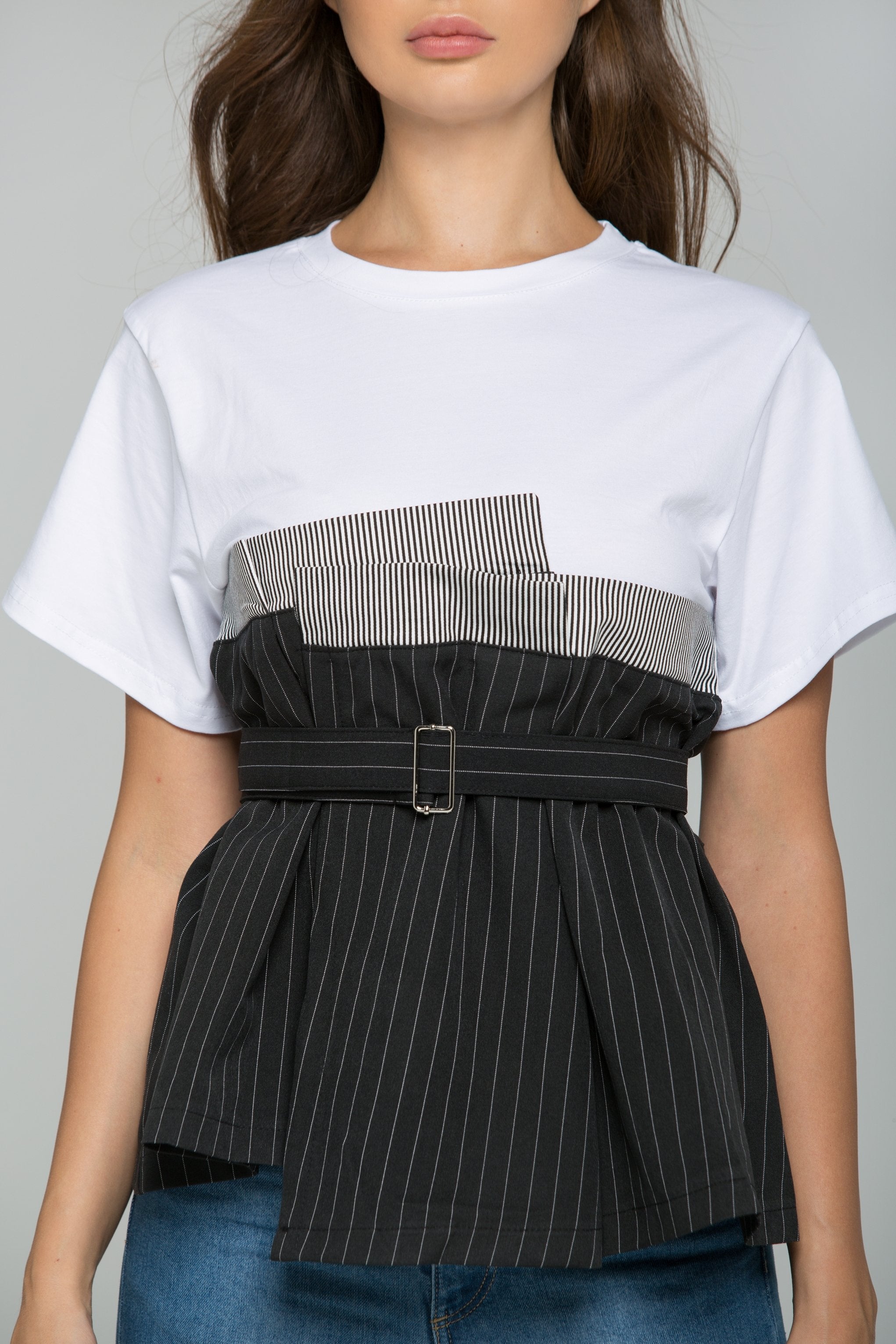 Black and White Smocked Belted High Waisted Striped Skirt Top