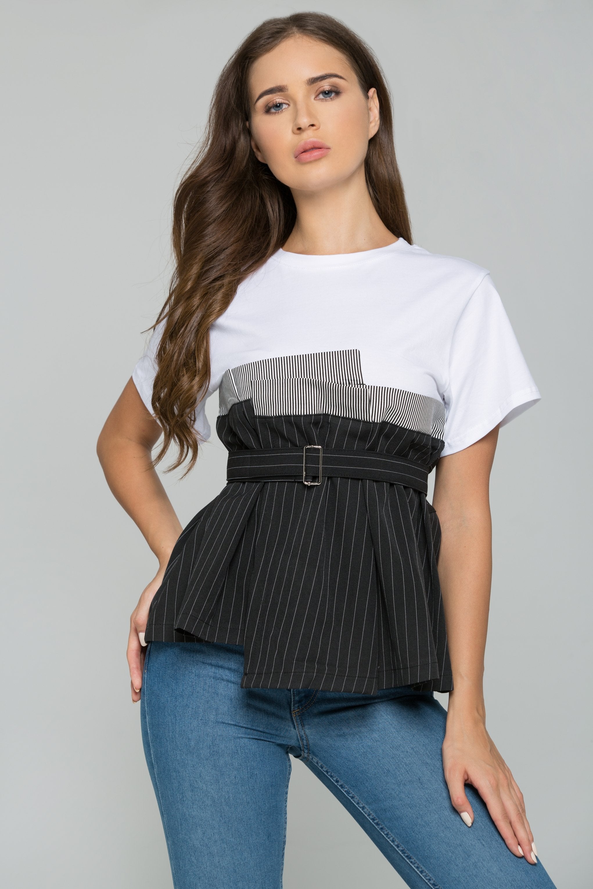 Black and White Smocked Belted High Waisted Striped Skirt Top