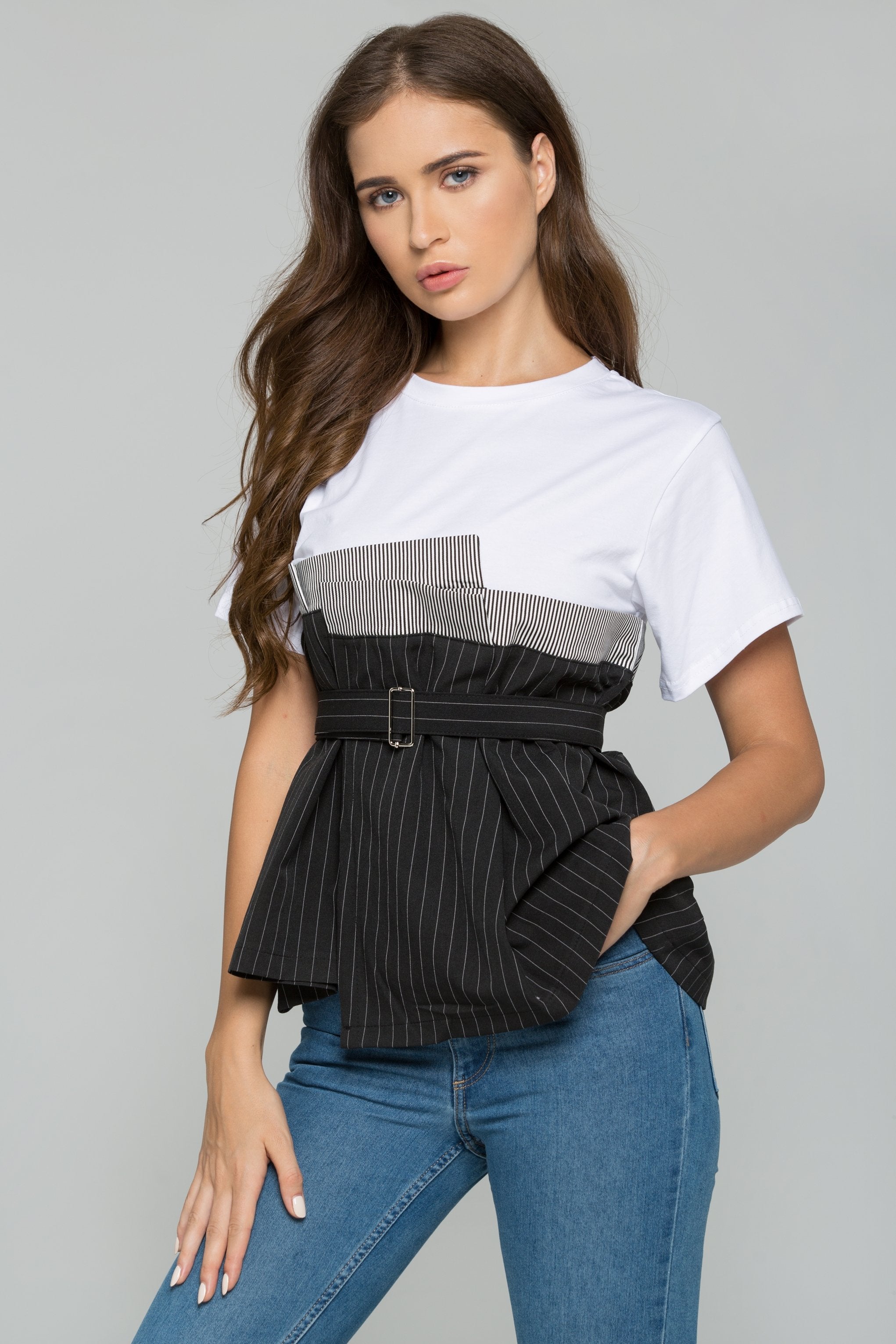 Black and White Smocked Belted High Waisted Striped Skirt Top
