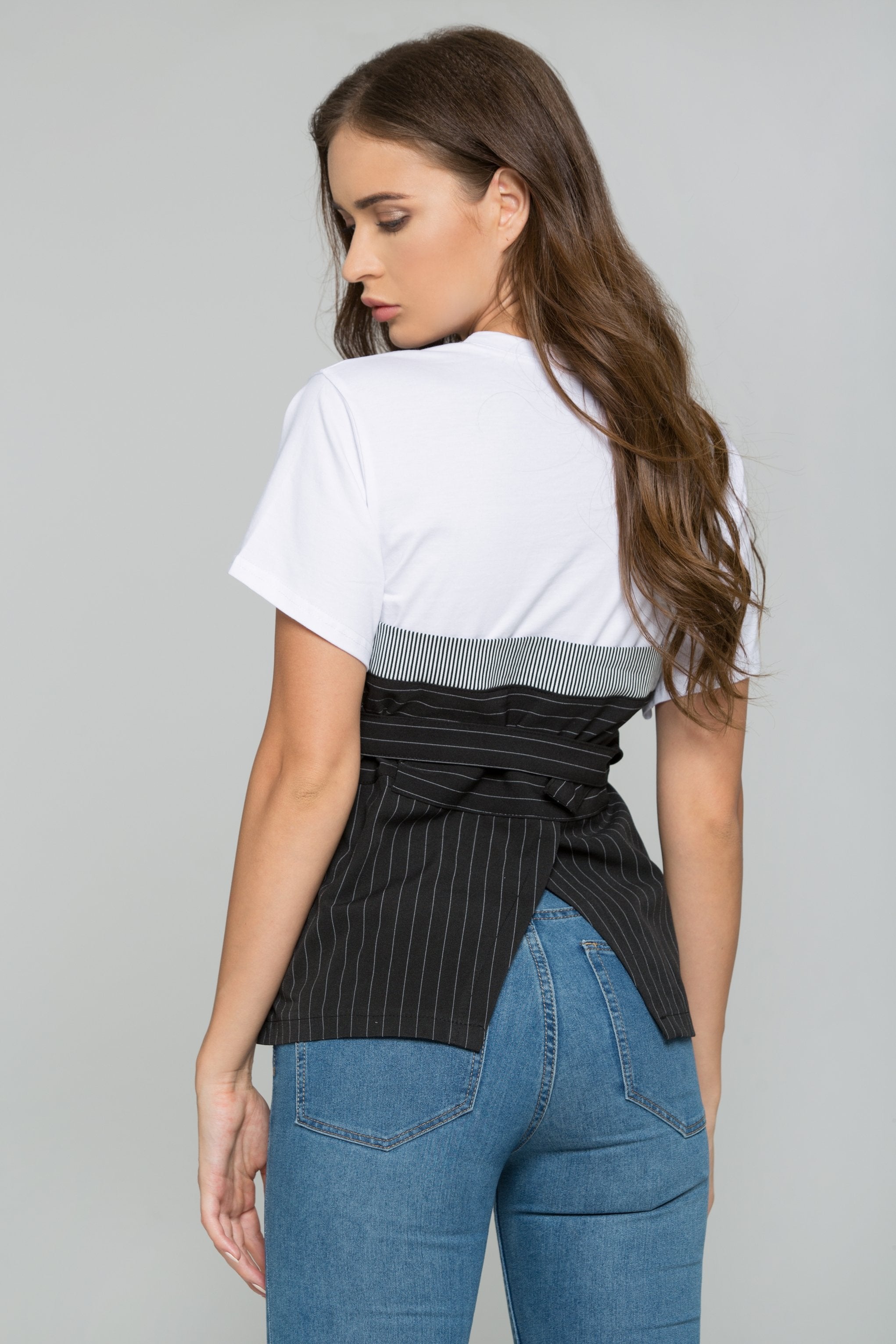 Black and White Smocked Belted High Waisted Striped Skirt Top
