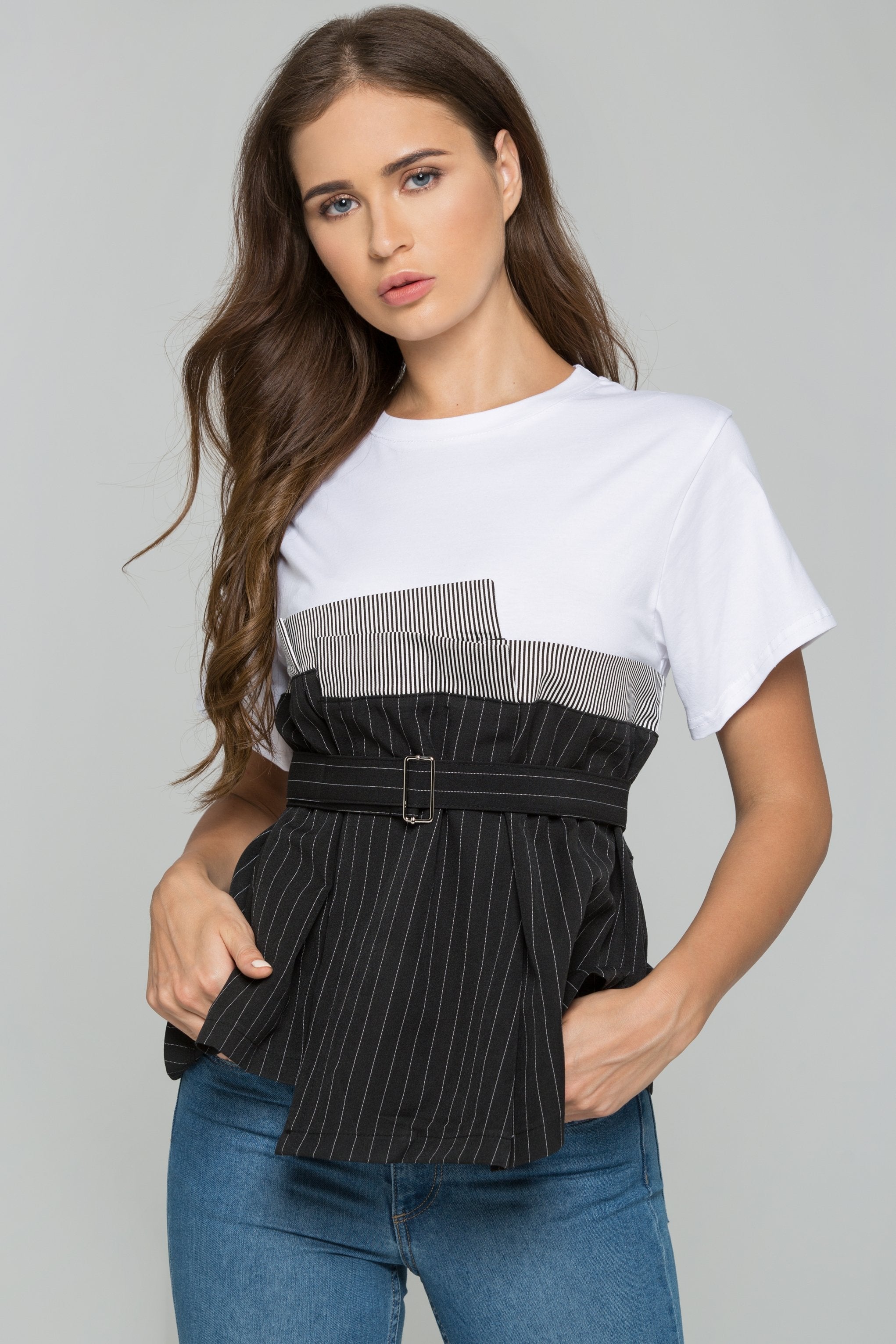 Black and White Smocked Belted High Waisted Striped Skirt Top