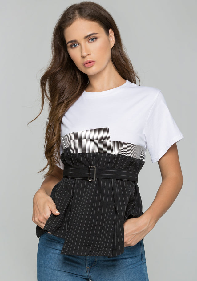 Black and White Smocked Belted High Waisted Striped Skirt Top