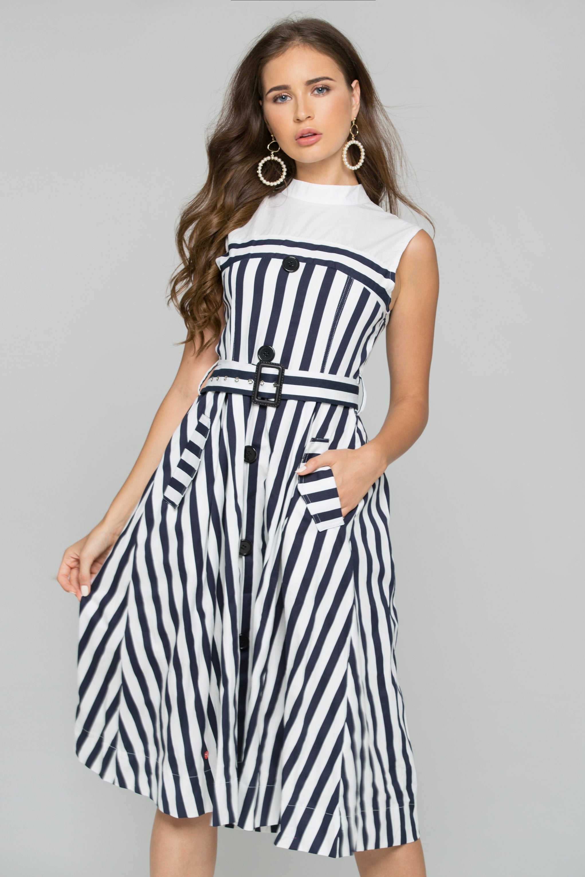 Black and White Stripe Belted Jumper Dress