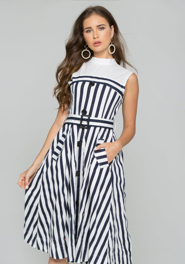 Black and White Stripe Belted Jumper Dress
