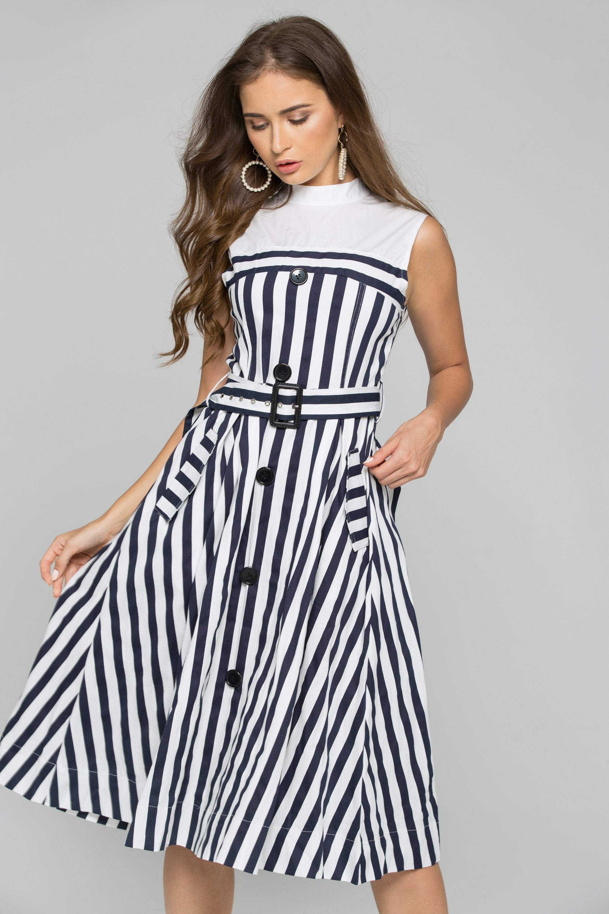 Black and White Stripe Belted Jumper Dress