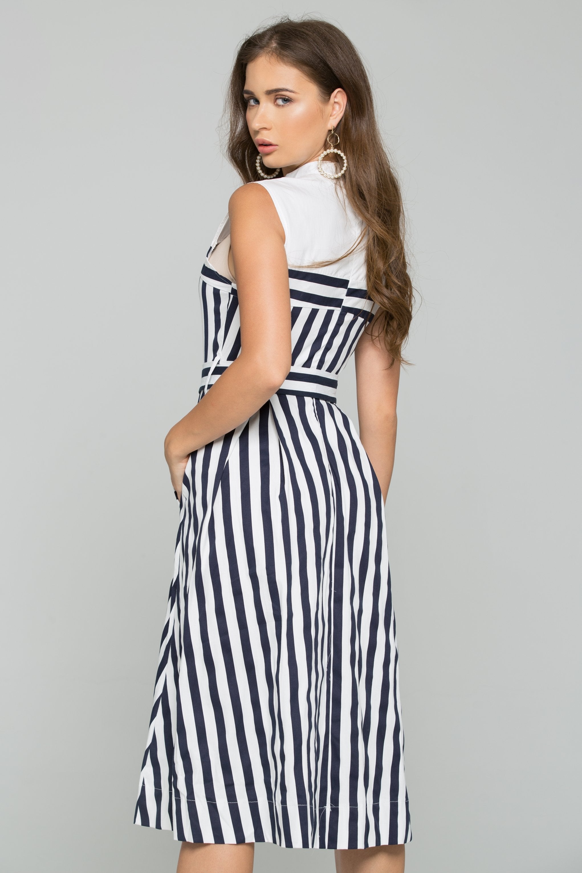 Black and White Stripe Belted Jumper Dress