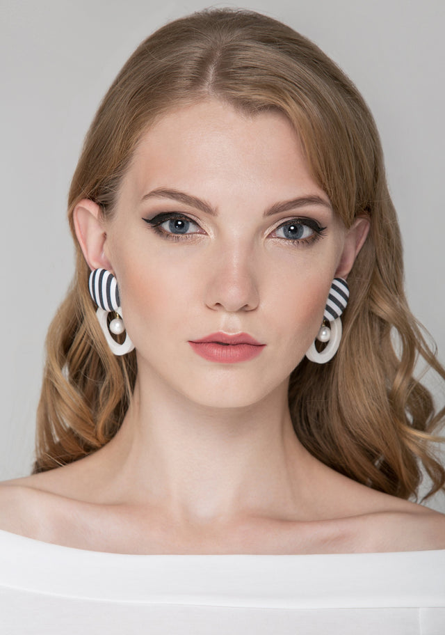 Black and White Stripe Pearl Hoop Earrings