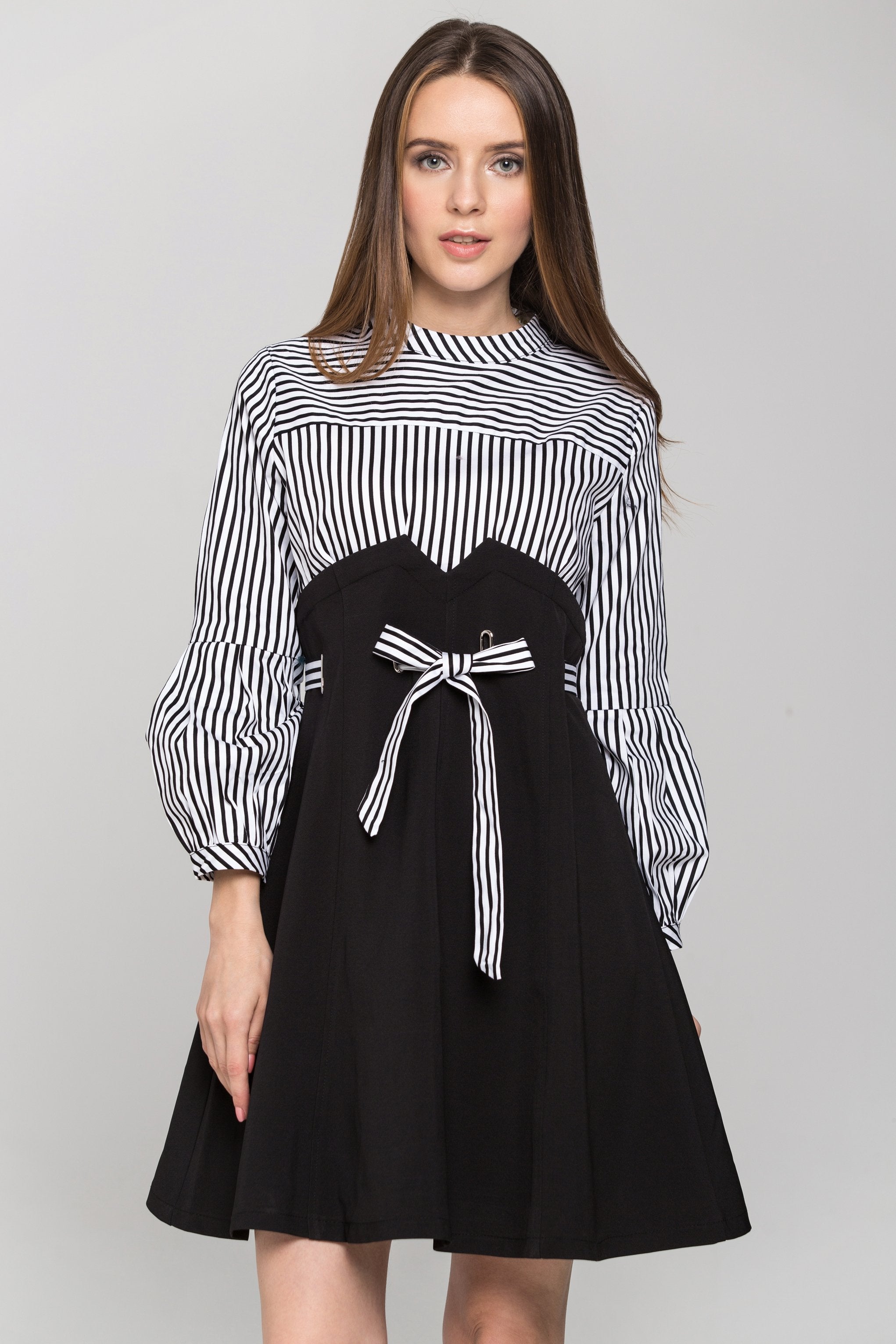 Blue and White Stripe Ring Lace Waist Midi Dress