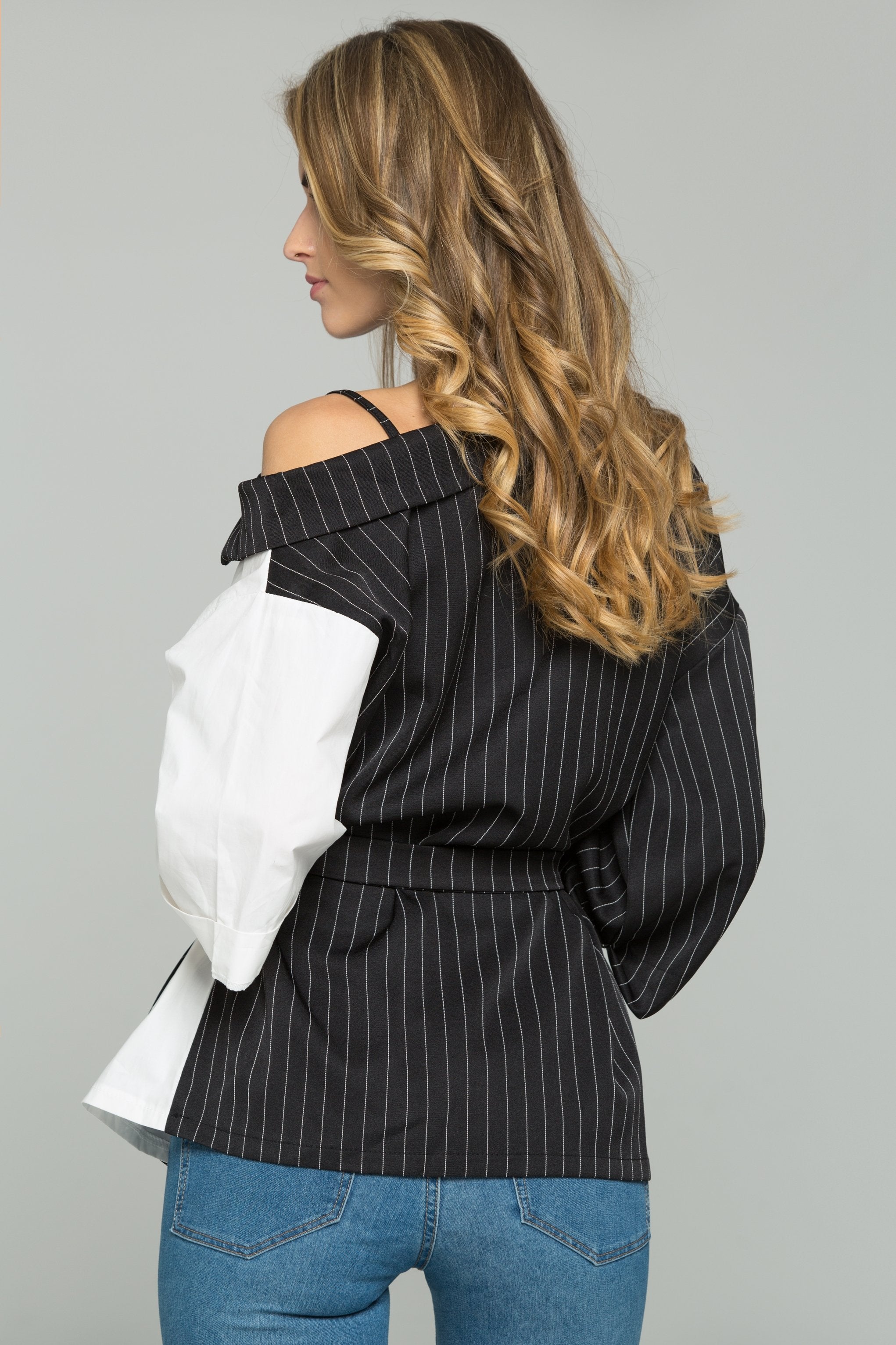 Black and White Striped Cold-Shoulder Collared Cross-Over Shirt