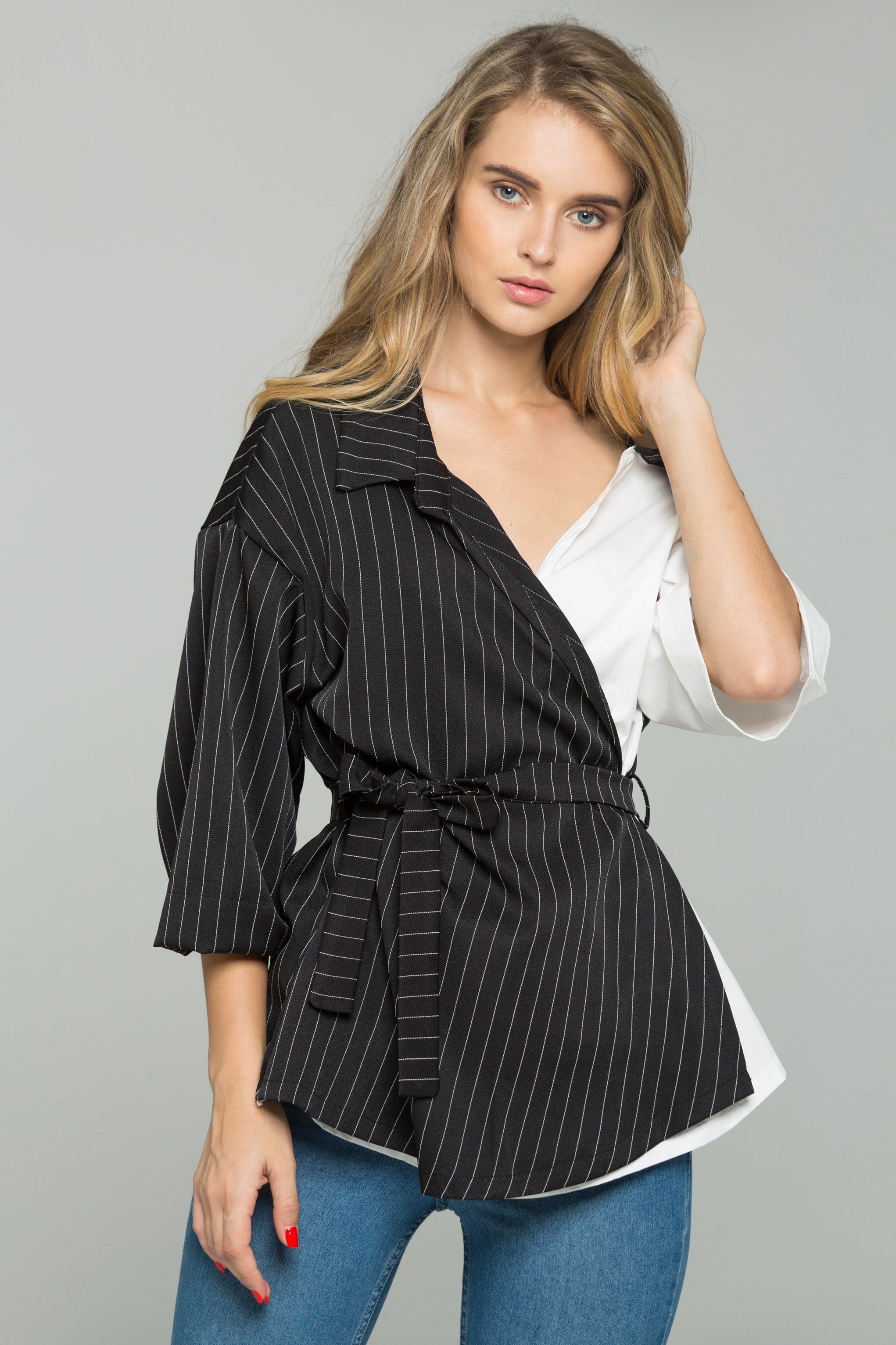 Black and White Striped Cold-Shoulder Collared Cross-Over Shirt