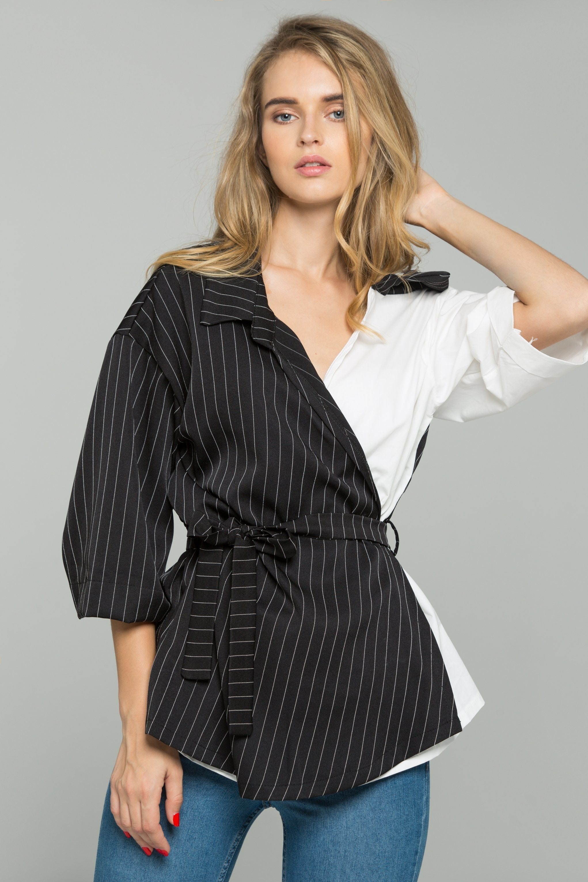 Black and White Striped Cold-Shoulder Collared Cross-Over Shirt