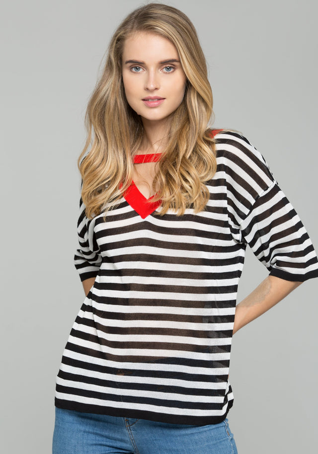 Black and White Striped Red V-Neck Choker Top