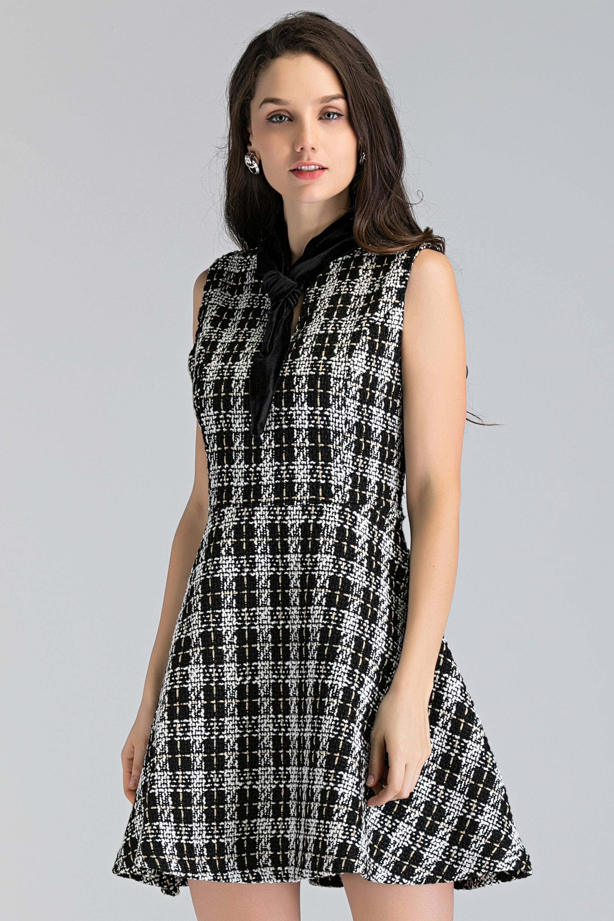 Black and White Tweed Sleeveless Midi Dress
