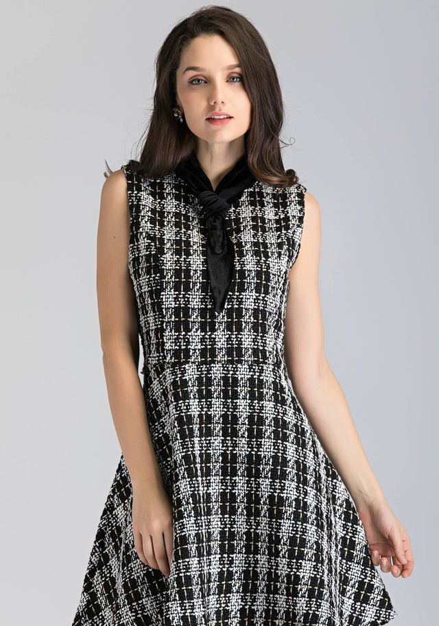 Black and White Tweed Sleeveless Midi Dress