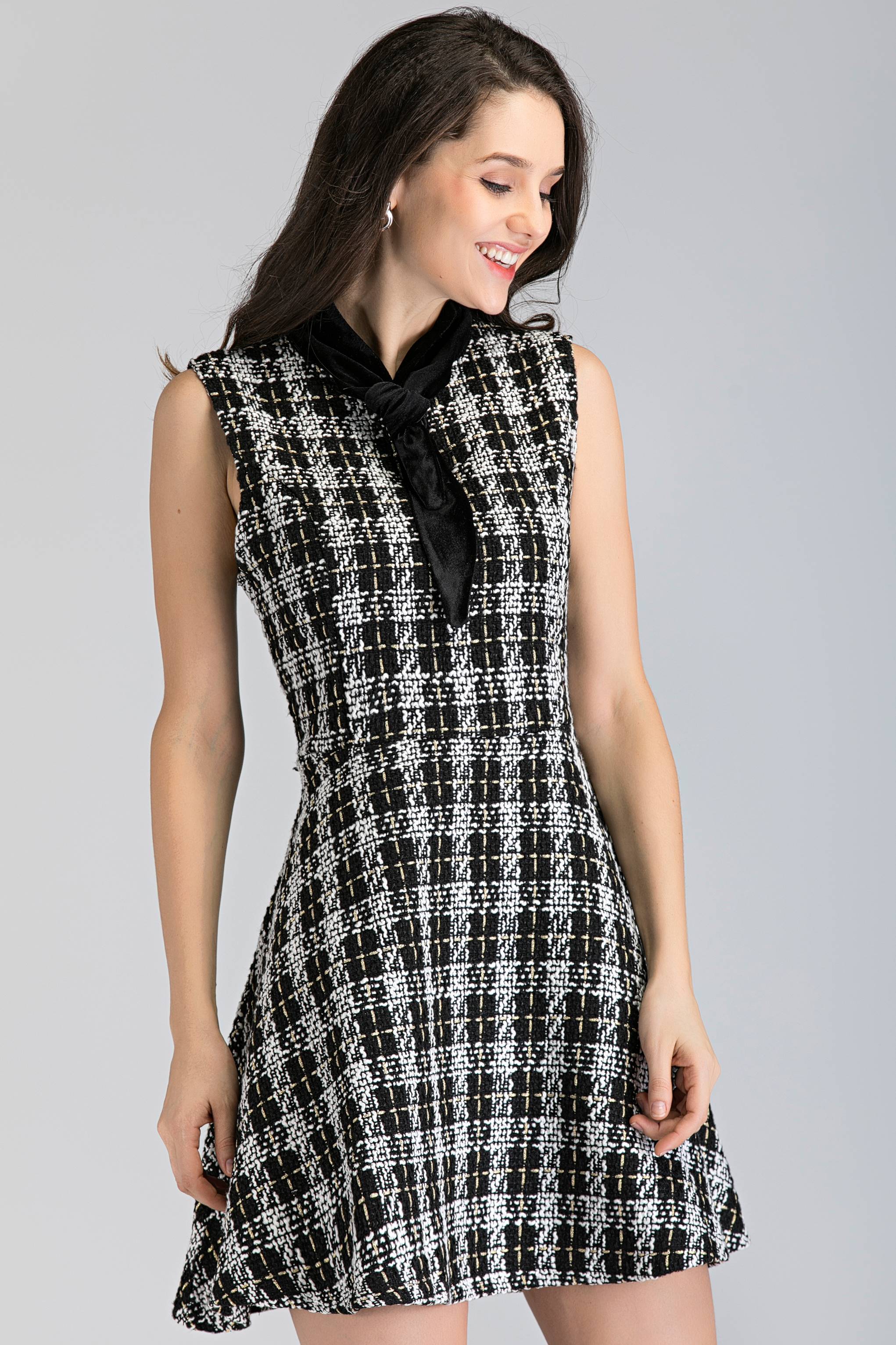 Black and White Tweed Sleeveless Midi Dress