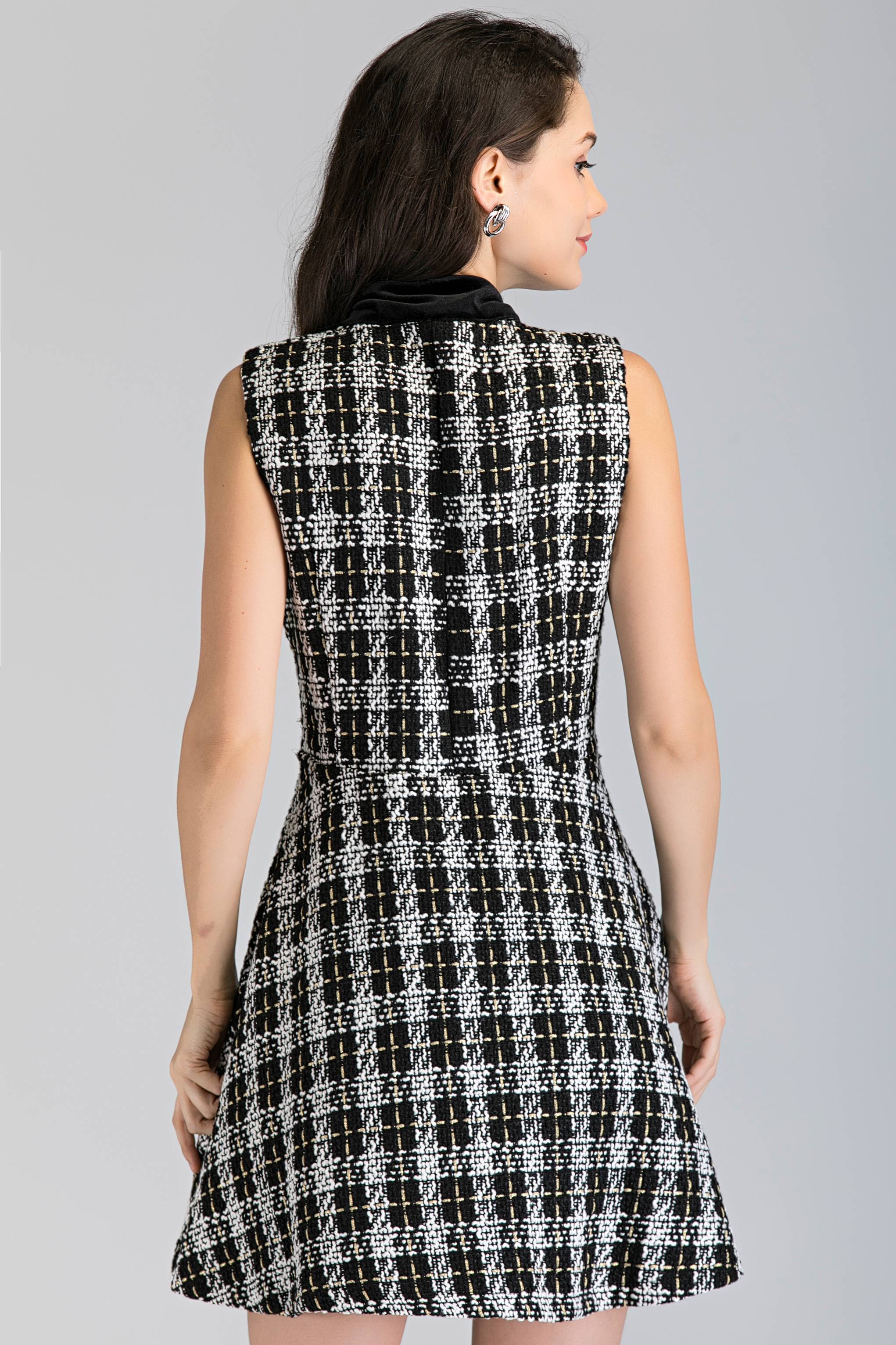 Black and White Tweed Sleeveless Midi Dress