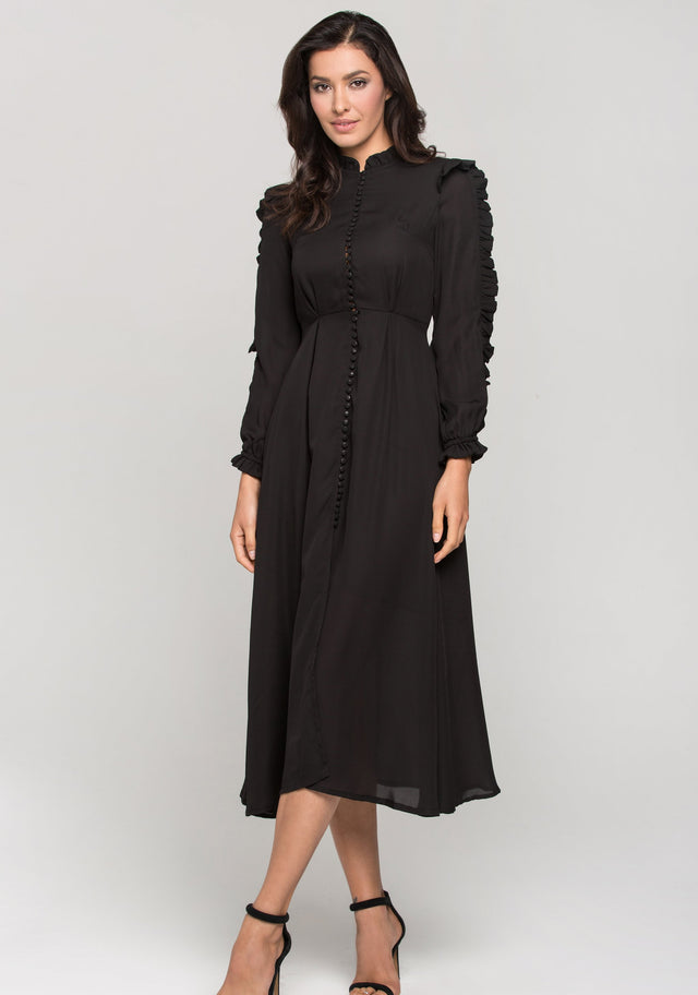 Black Vintage Ruffle Neck Long Sleeves Midi Dress