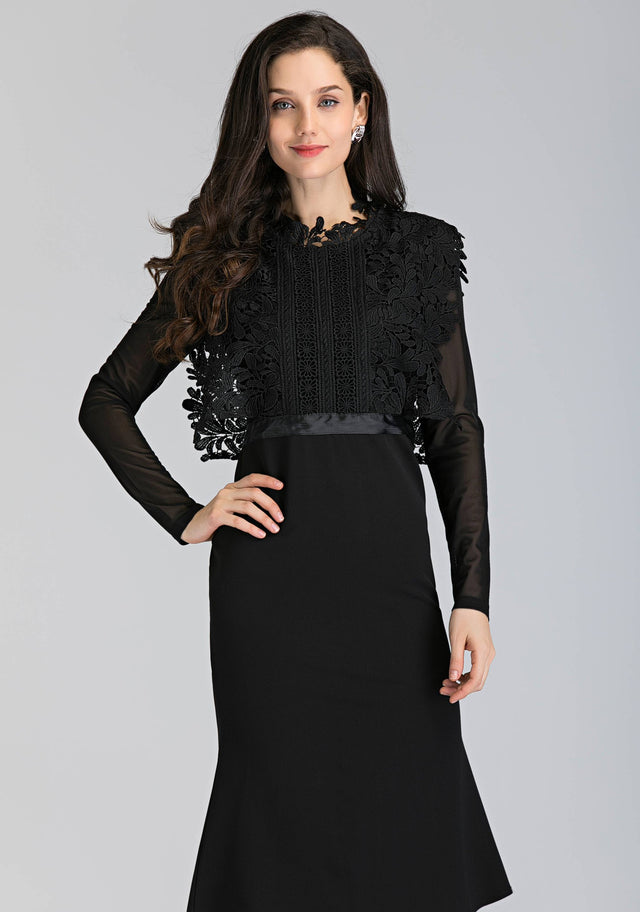 Black Sheer Sleeves Heavy Lace Midi Dress