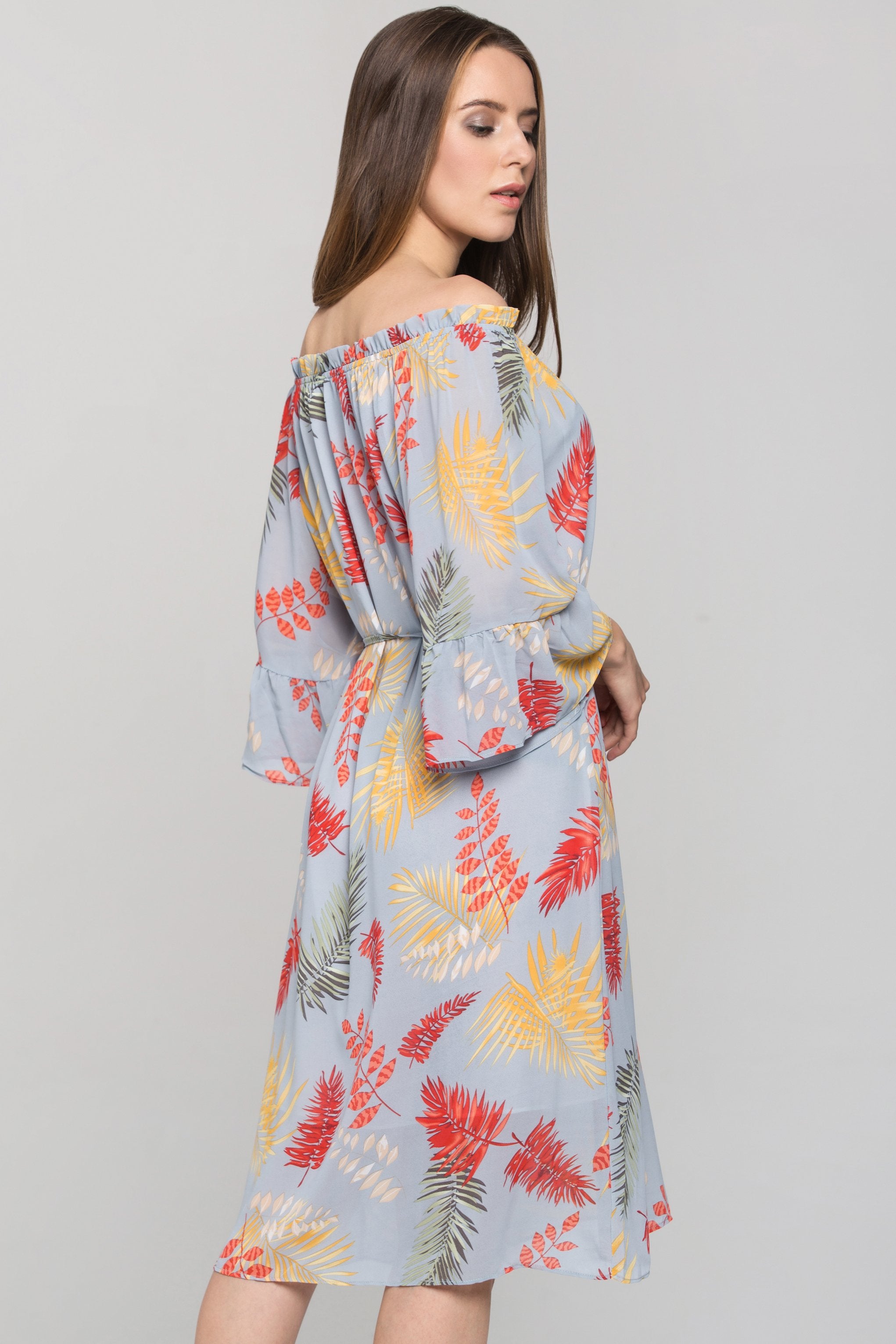 Blue Autumn Leaf Print Off the Shoulder Midi Dress