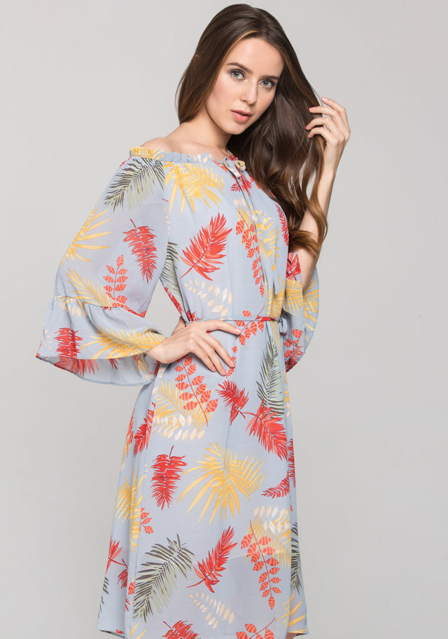 Blue Autumn Leaf Print Off the Shoulder Midi Dress