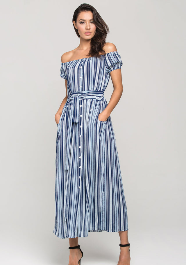 Blue Boho off the shoulder Shirt Midi Dress