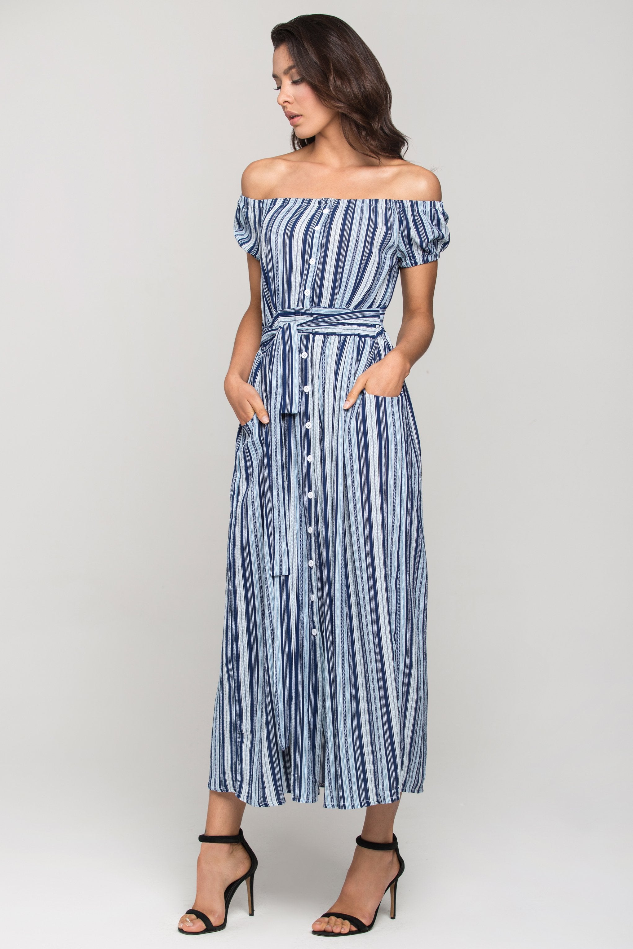 Blue Boho off the shoulder Shirt Midi Dress
