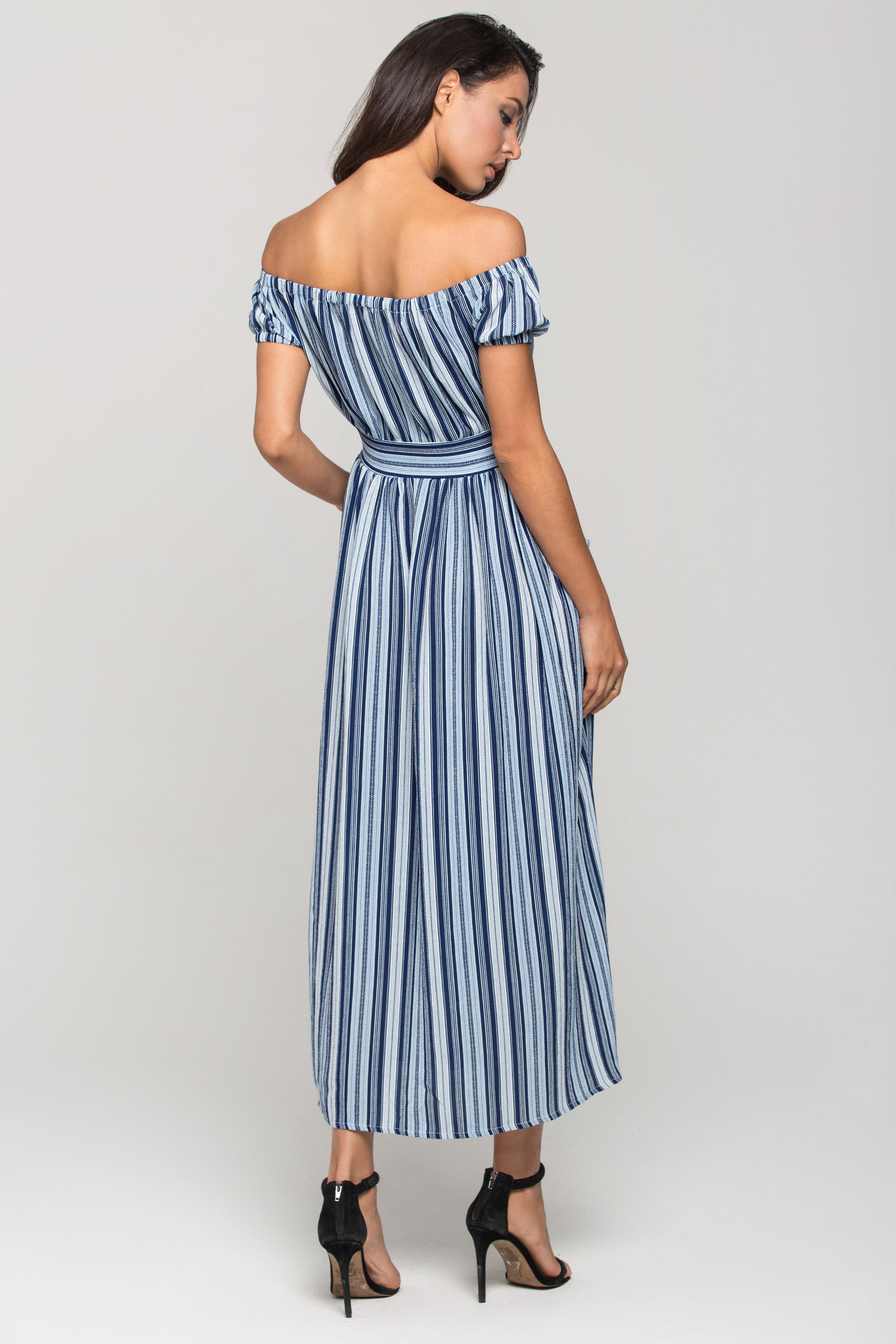 Blue Boho off the shoulder Shirt Midi Dress
