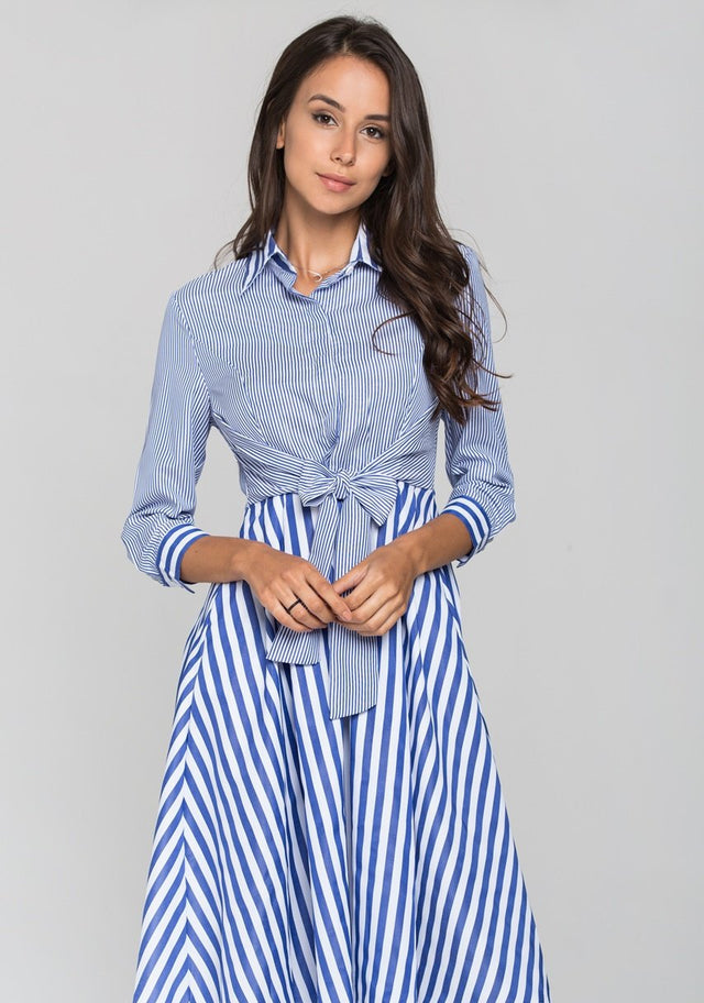 Blue Chalk and Candy Stripe Panel Wrap Midi Dress