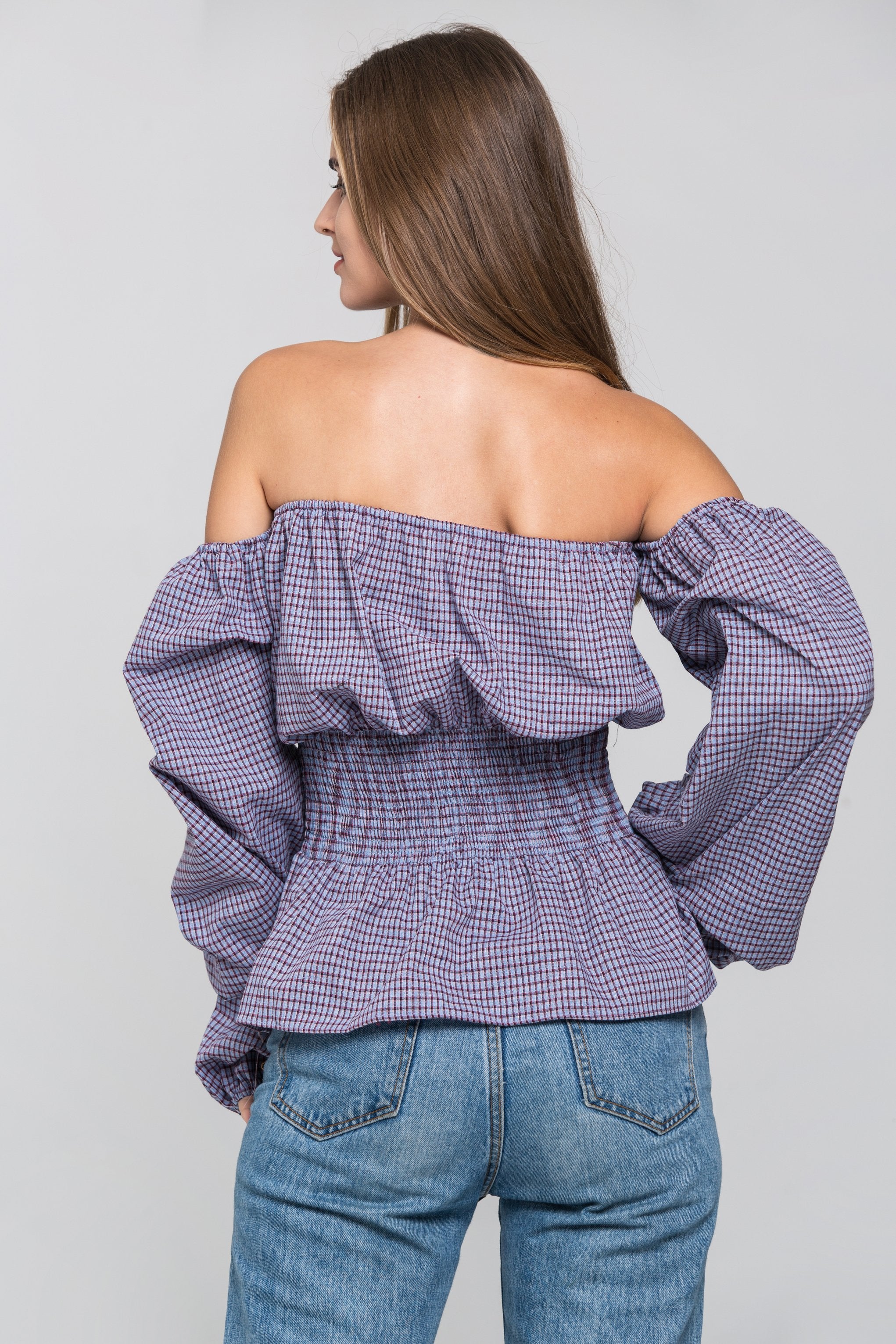 Blue Check Smocked Waist Off The Shoulder Top