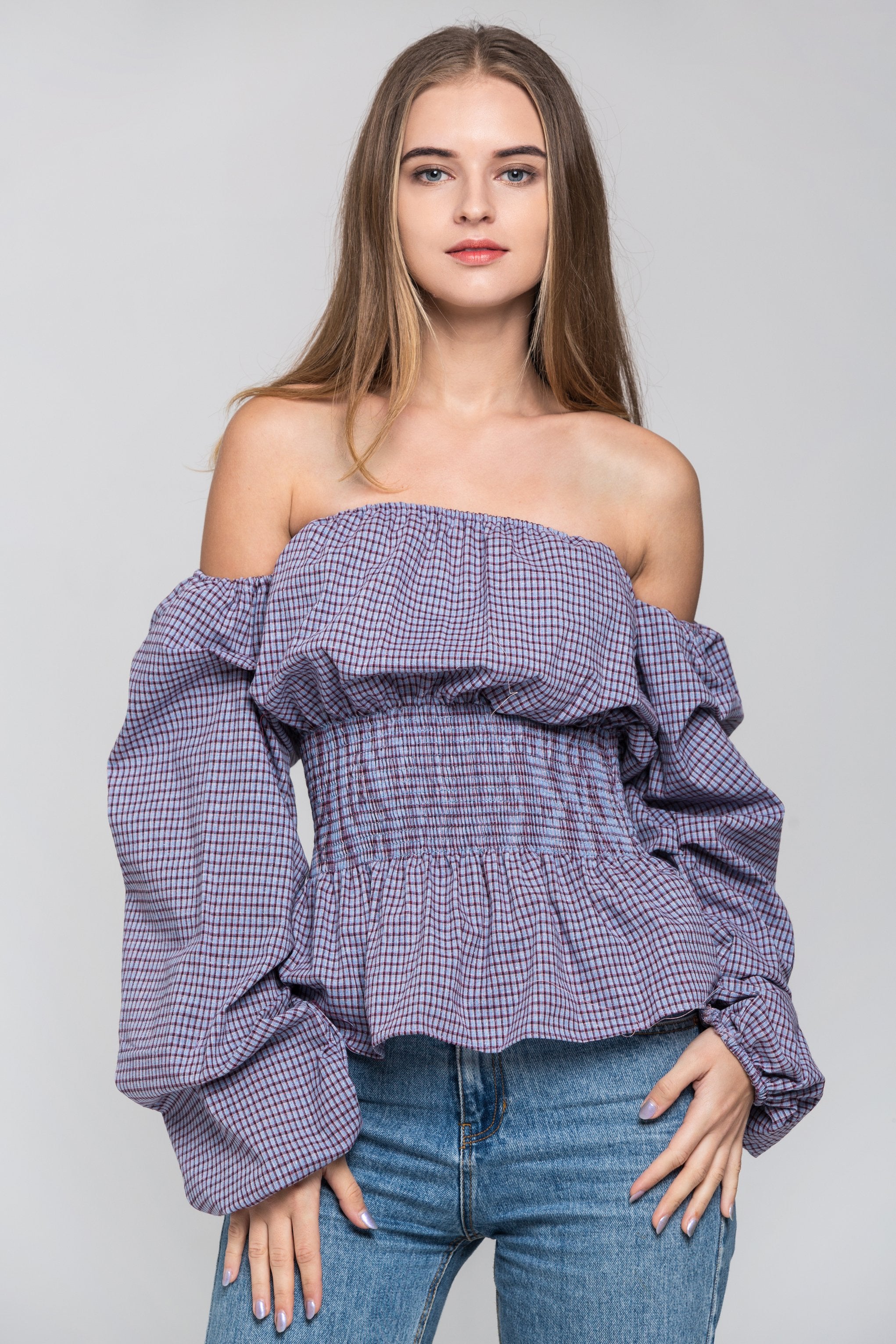 Blue Check Smocked Waist Off The Shoulder Top