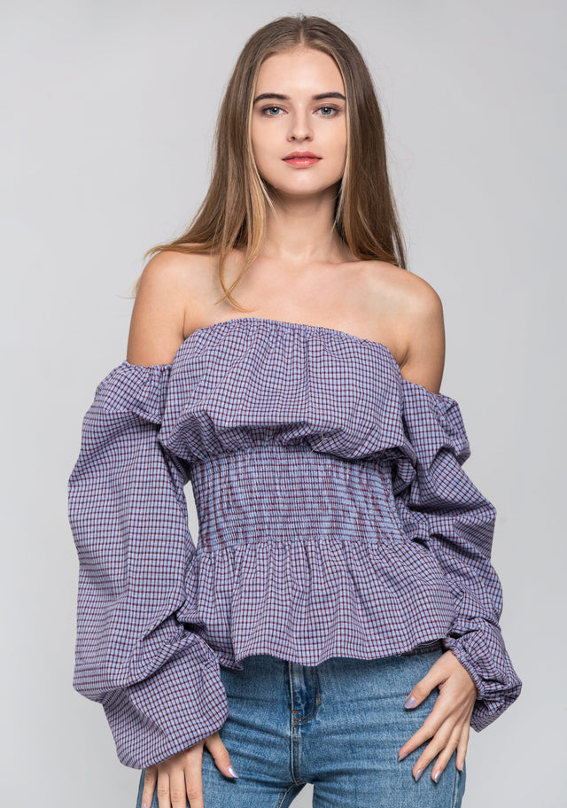 Blue Check Smocked Waist Off The Shoulder Top