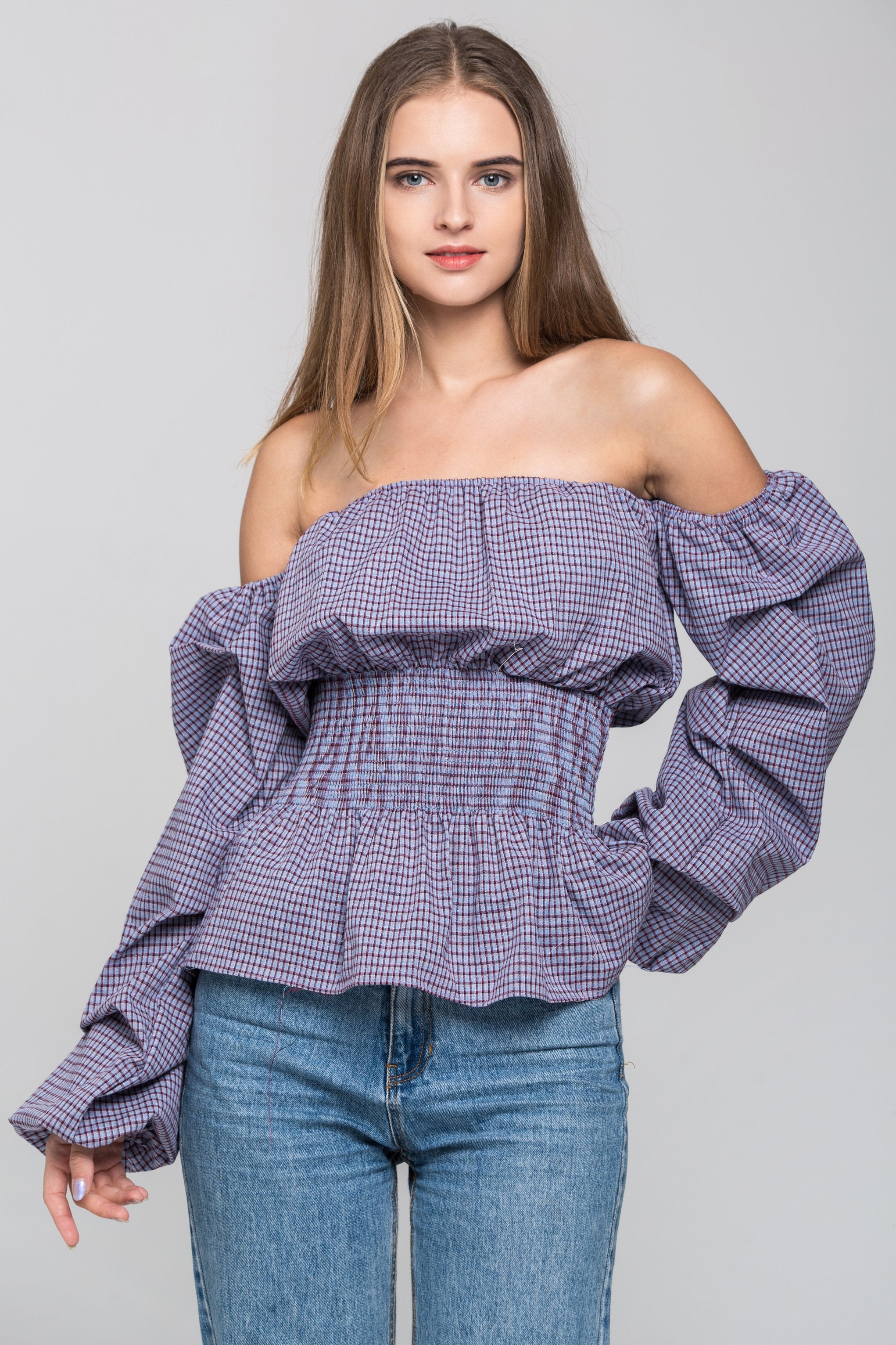 Blue Check Smocked Waist Off The Shoulder Top