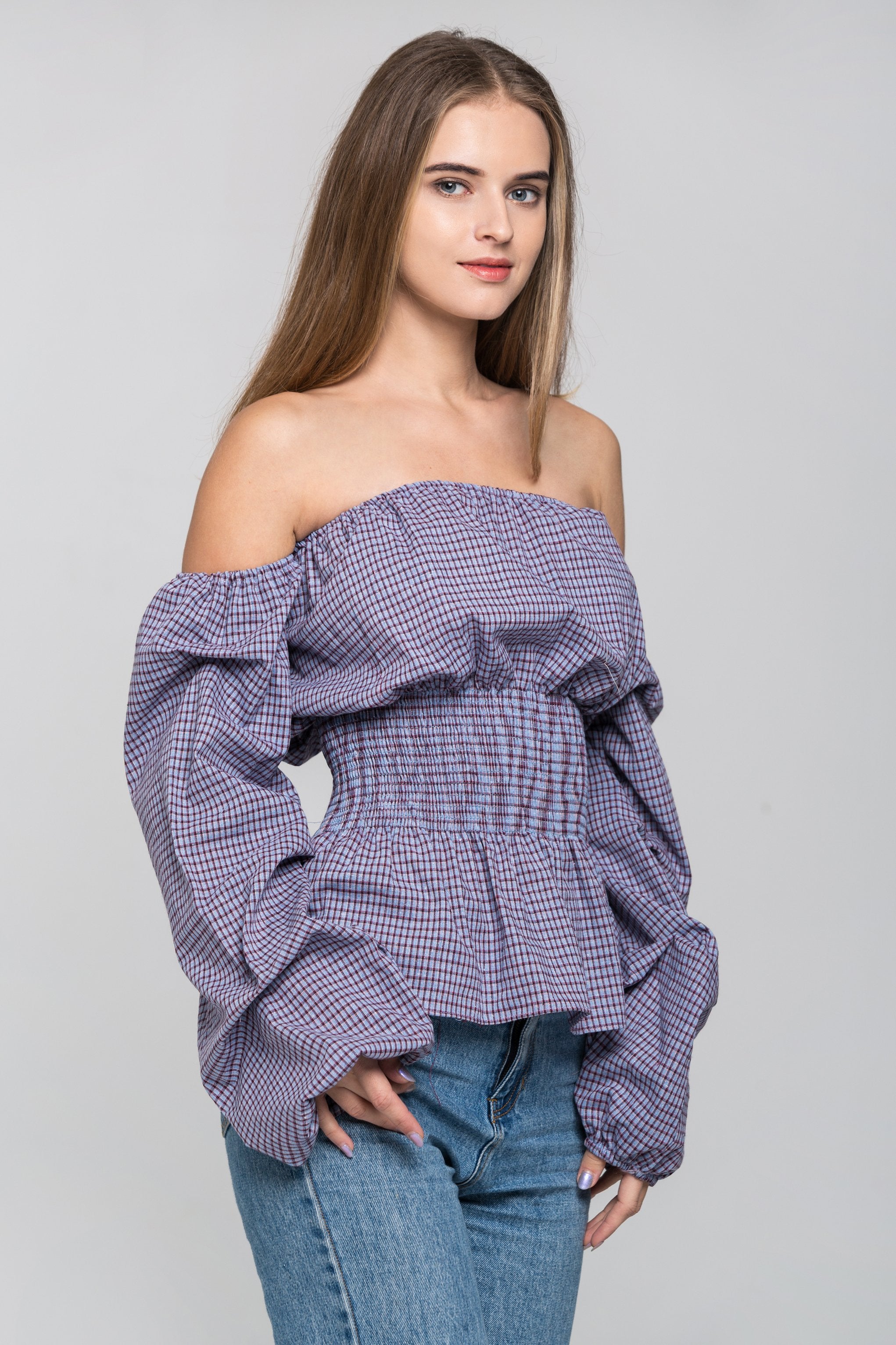 Blue Check Smocked Waist Off The Shoulder Top
