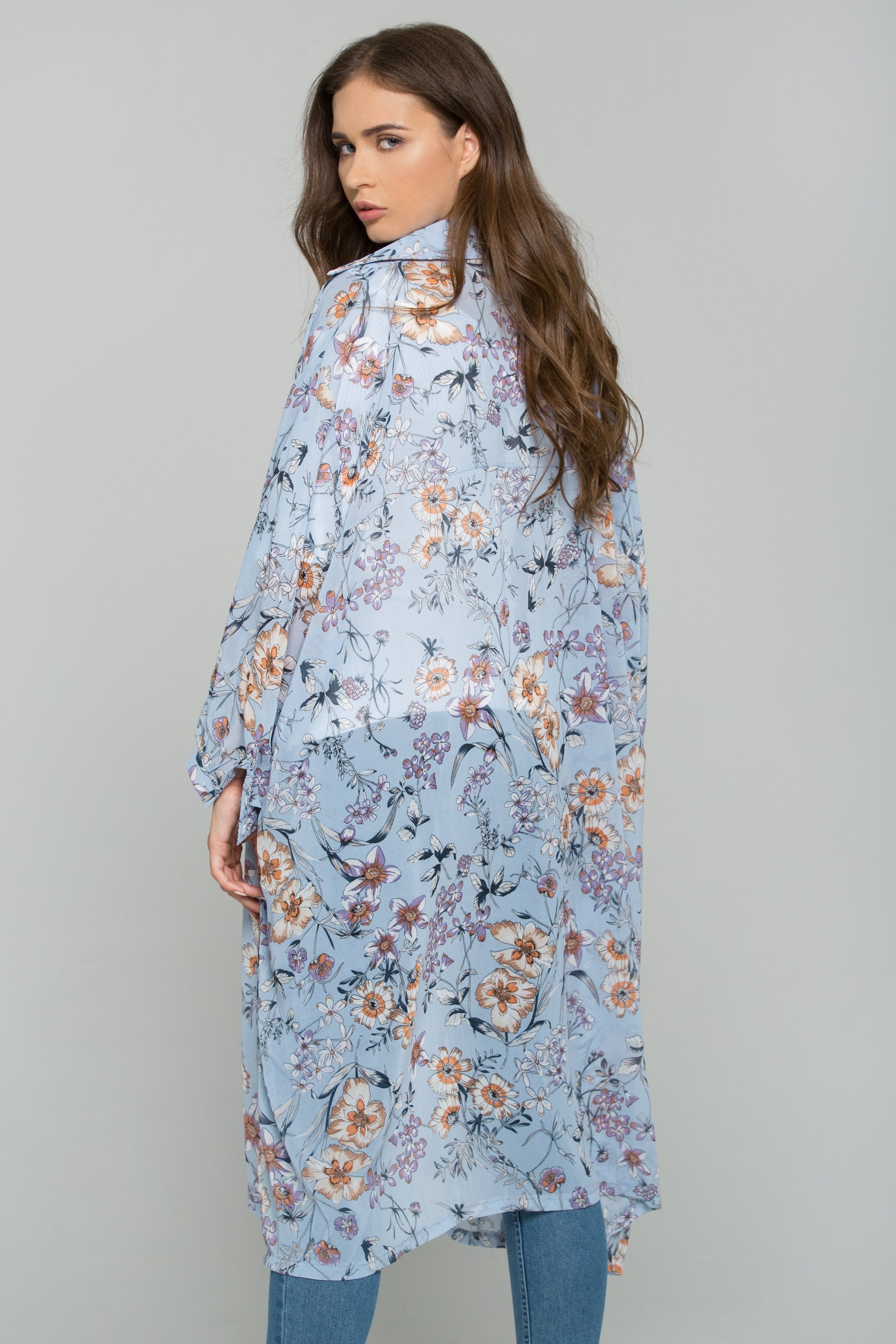Blue Chiffon Floral Print Hijab Long Sleeved Shirt