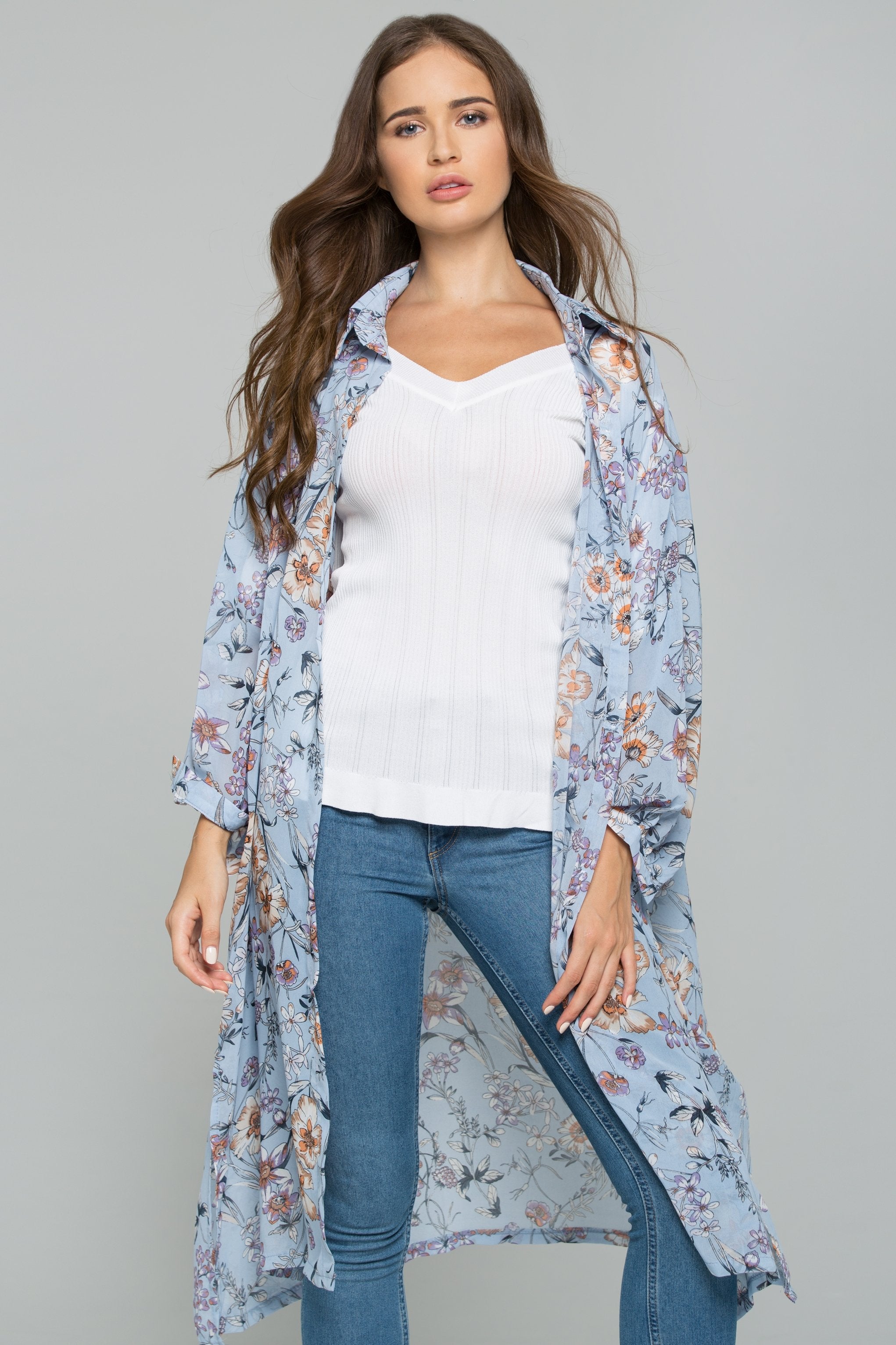 Blue Chiffon Floral Print Hijab Long Sleeved Shirt