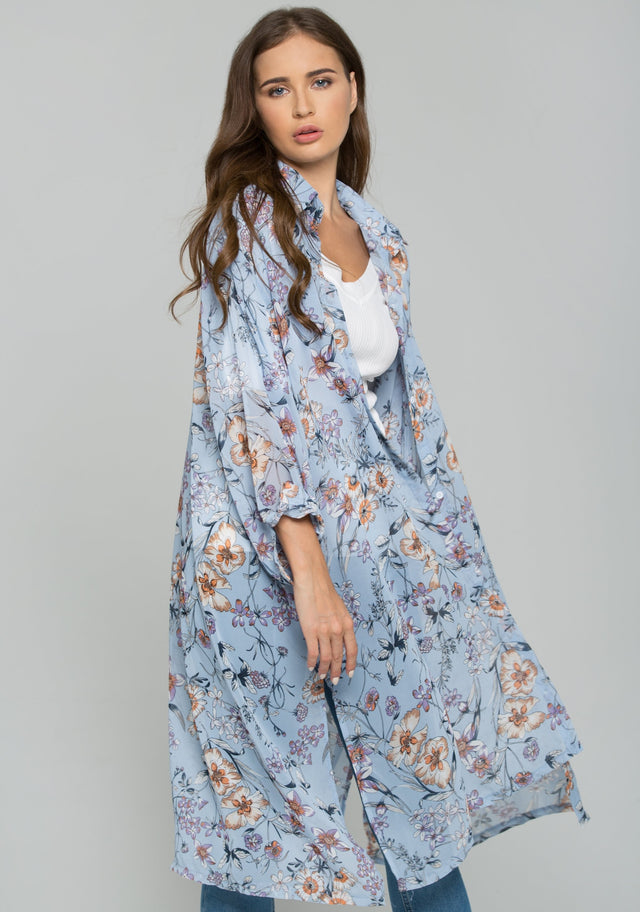 Blue Chiffon Floral Print Hijab Long Sleeved Shirt