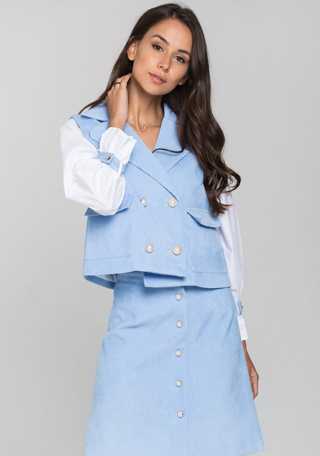 Blue Chord and White Sleeves Blazer and Skirt Set