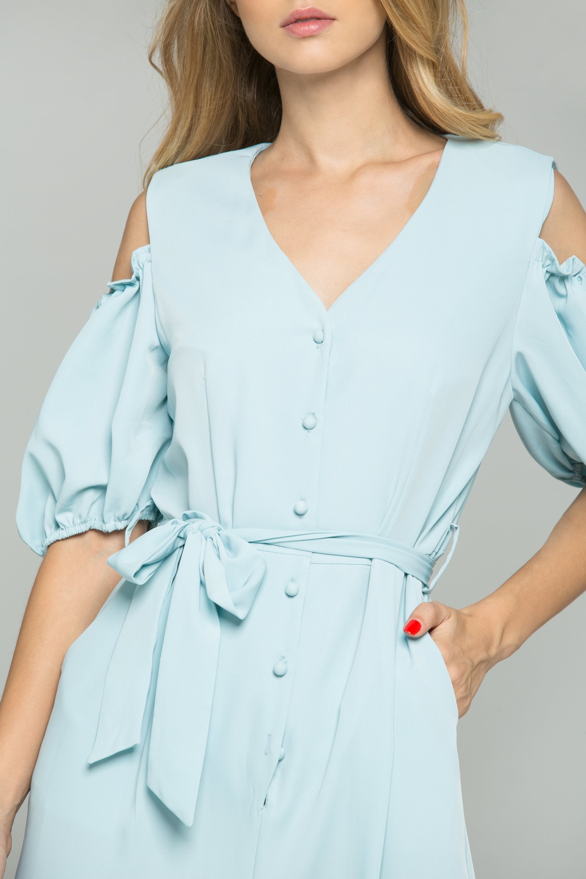 Blue Cotton V-Neck Cold Shoulder Cinched Midi Dress