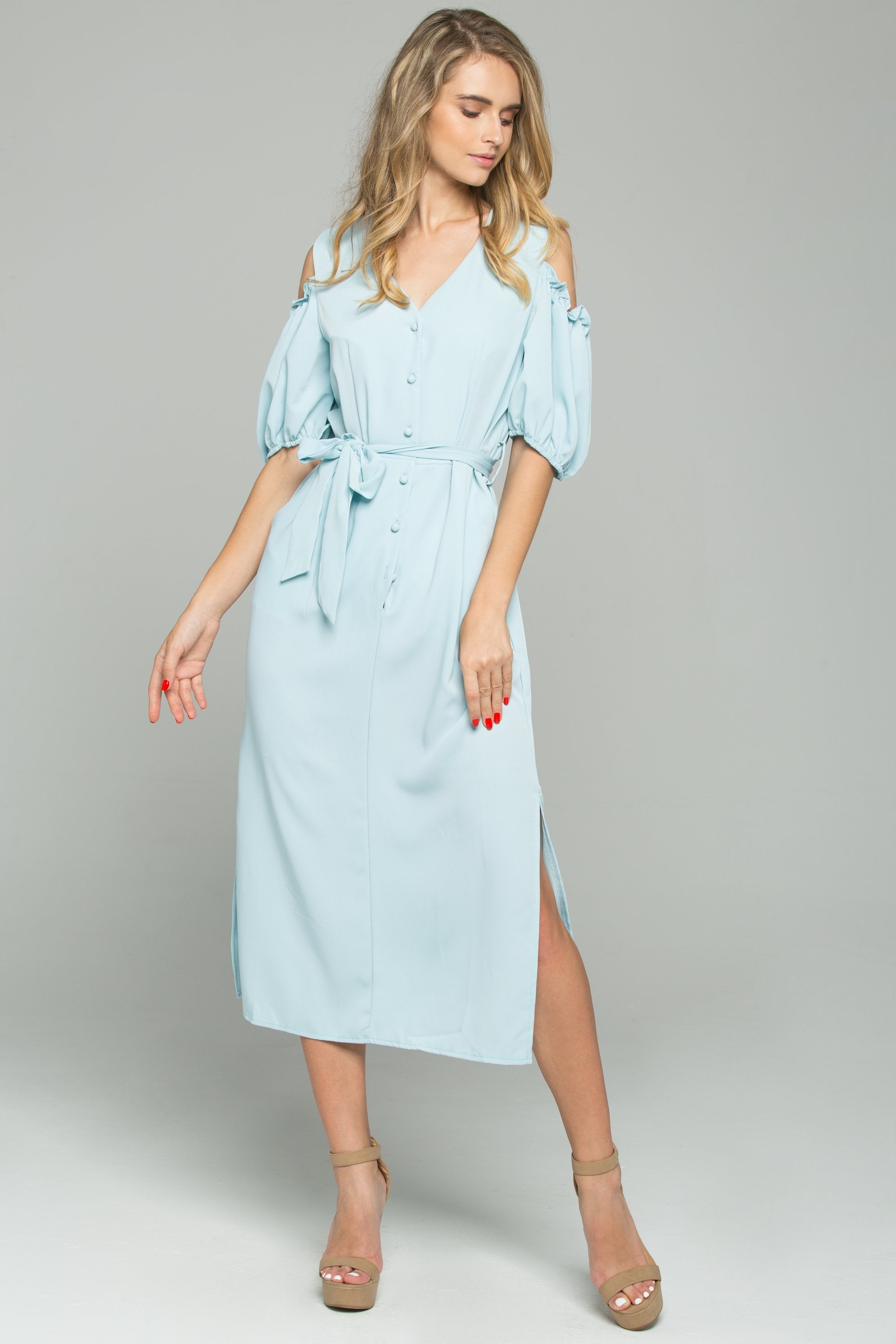 Blue Cotton V-Neck Cold Shoulder Cinched Midi Dress