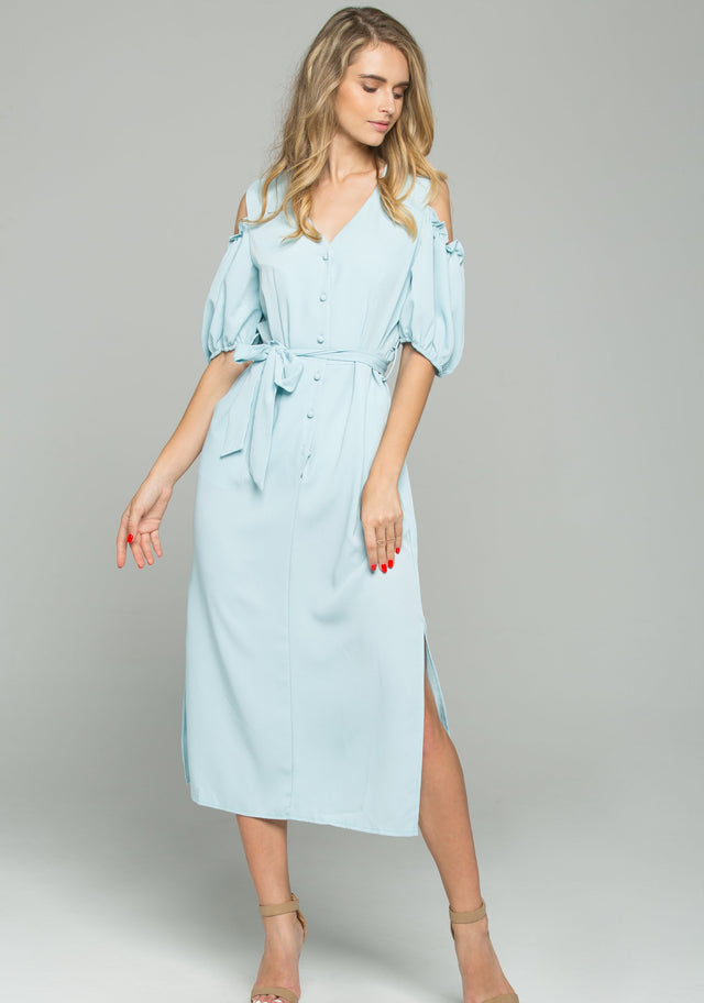 Blue Cotton V-Neck Cold Shoulder Cinched Midi Dress