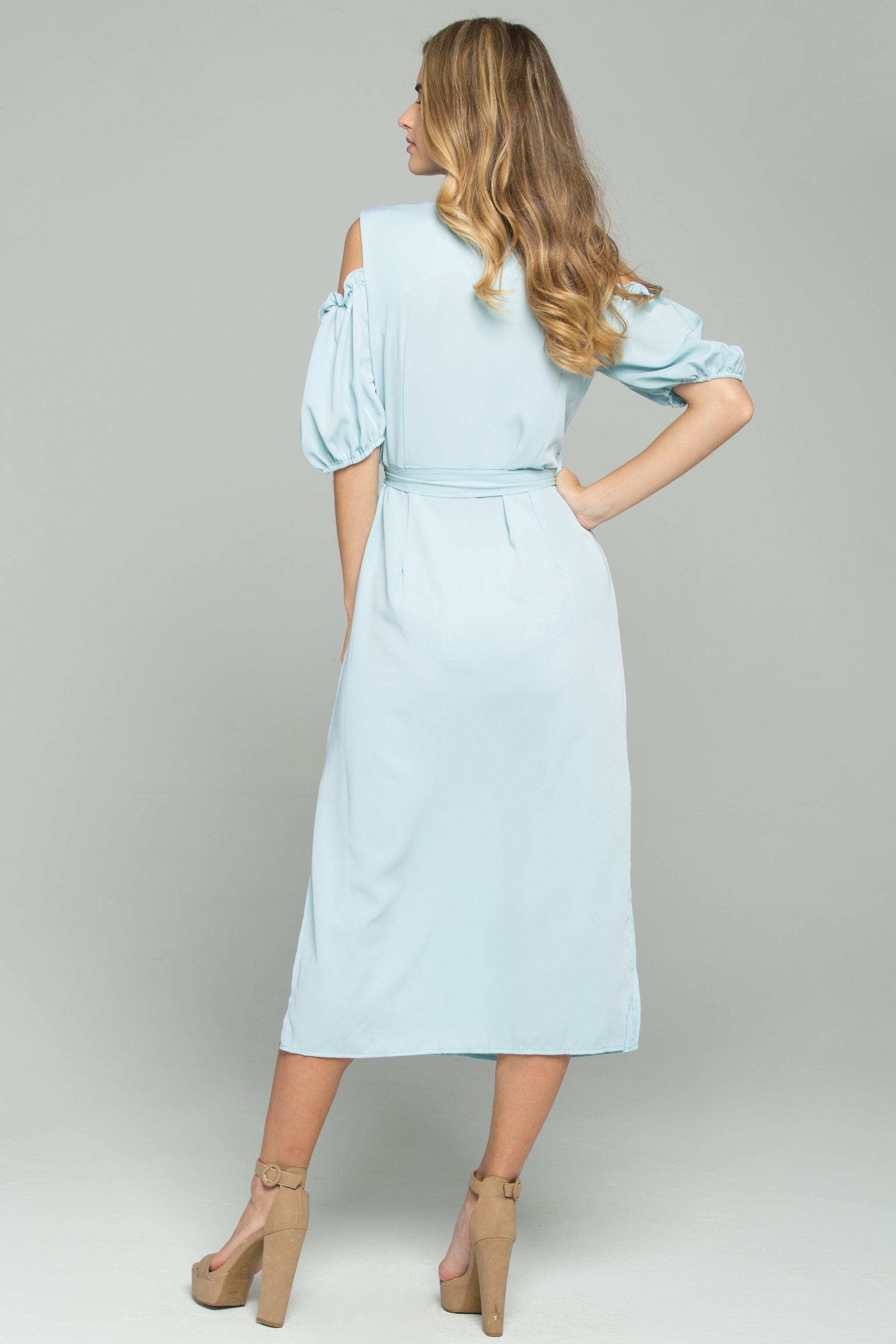 Blue Cotton V-Neck Cold Shoulder Cinched Midi Dress