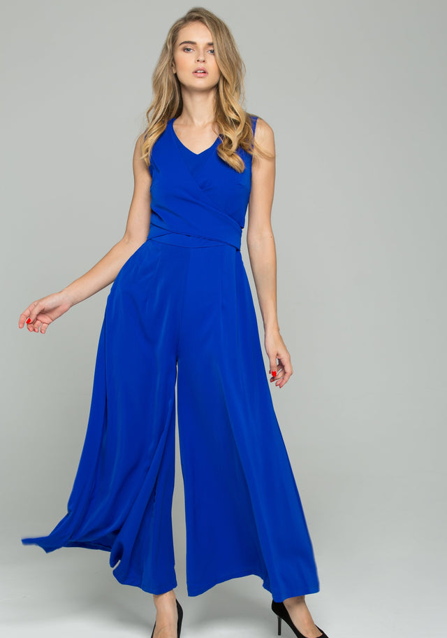Blue Cotton V-Neck Sleeveless Tie Front Jumpsuit