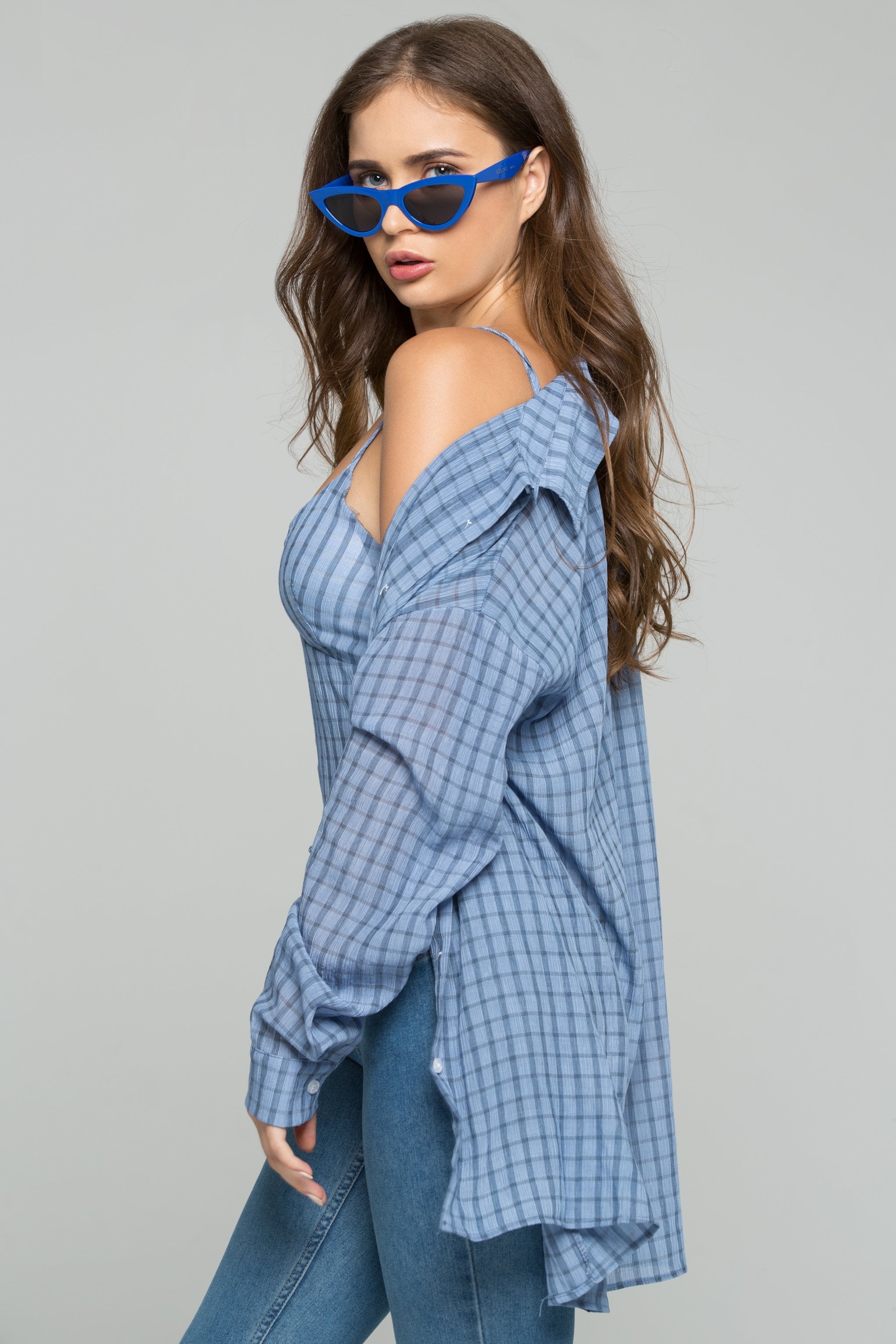 Blue Crepe Gingham Bustier Long Sleeve 2-piece Shirt