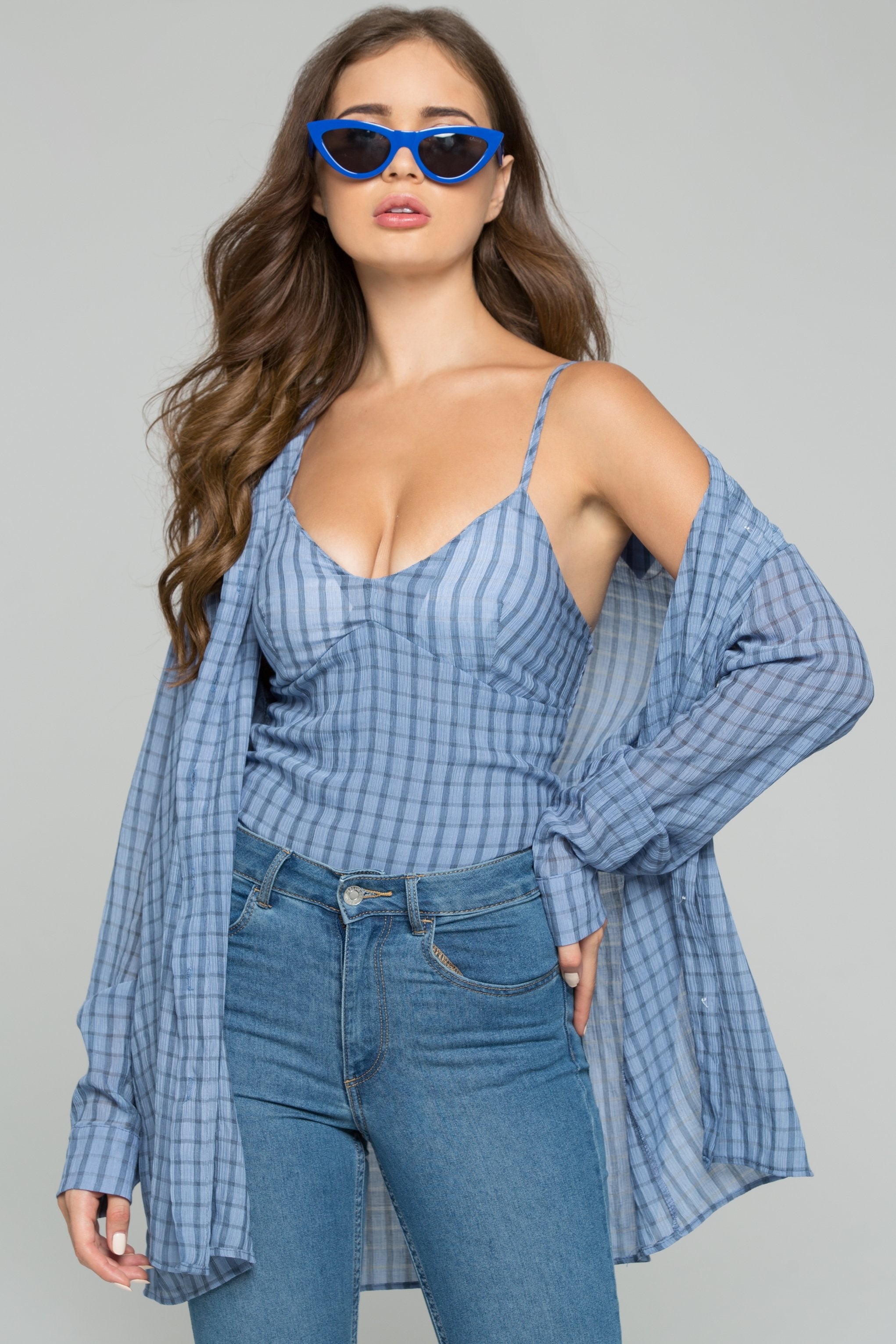 Blue Crepe Gingham Bustier Long Sleeve 2-piece Shirt