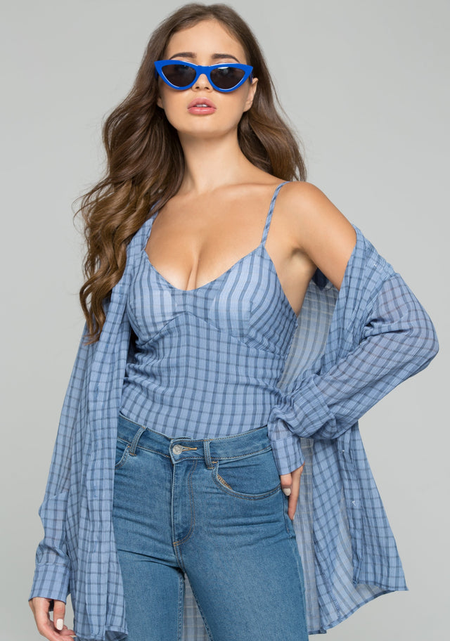 Blue Crepe Gingham Bustier Long Sleeve 2-piece Shirt